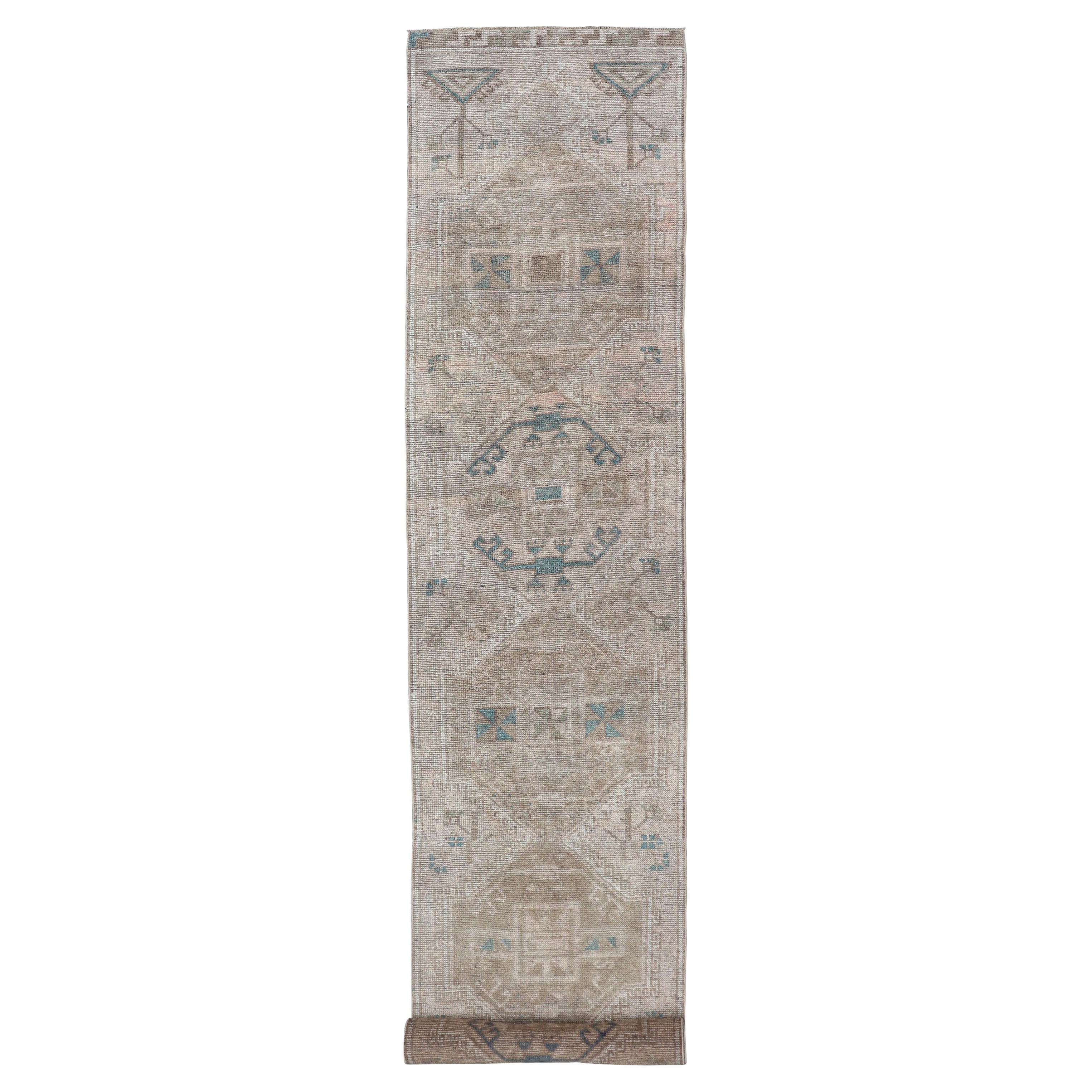 Long Vintage Turkish Oushak Runner with Soft Taupe, Sand, and Pale Teal For Sale