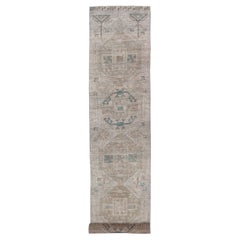 Long Vintage Turkish Oushak Runner with Soft Taupe, Sand, and Pale Teal
