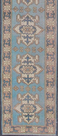 Long Vintage Turkish Runner with Geometric Design in Light Blue and Taupe