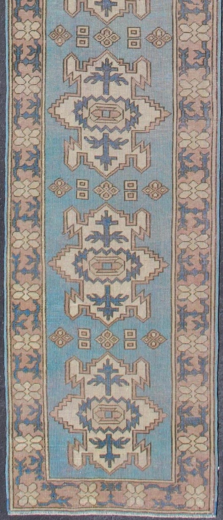 Long Vintage Turkish Runner with Geometric Design in Light Blue and ...