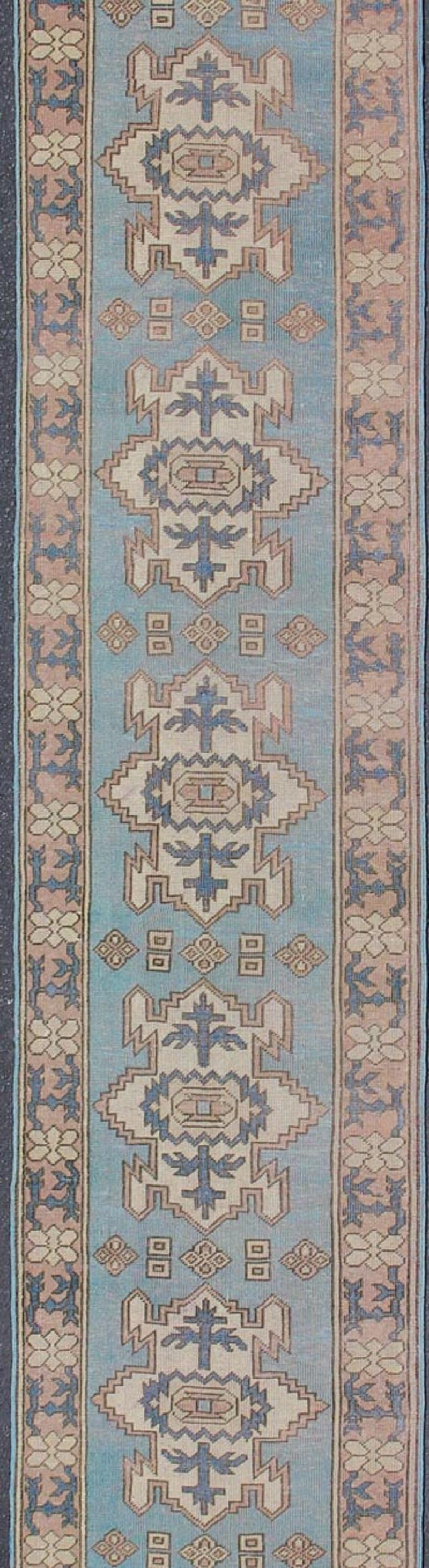 Oushak Long Vintage Turkish Runner with Geometric Design in Light Blue and Taupe For Sale