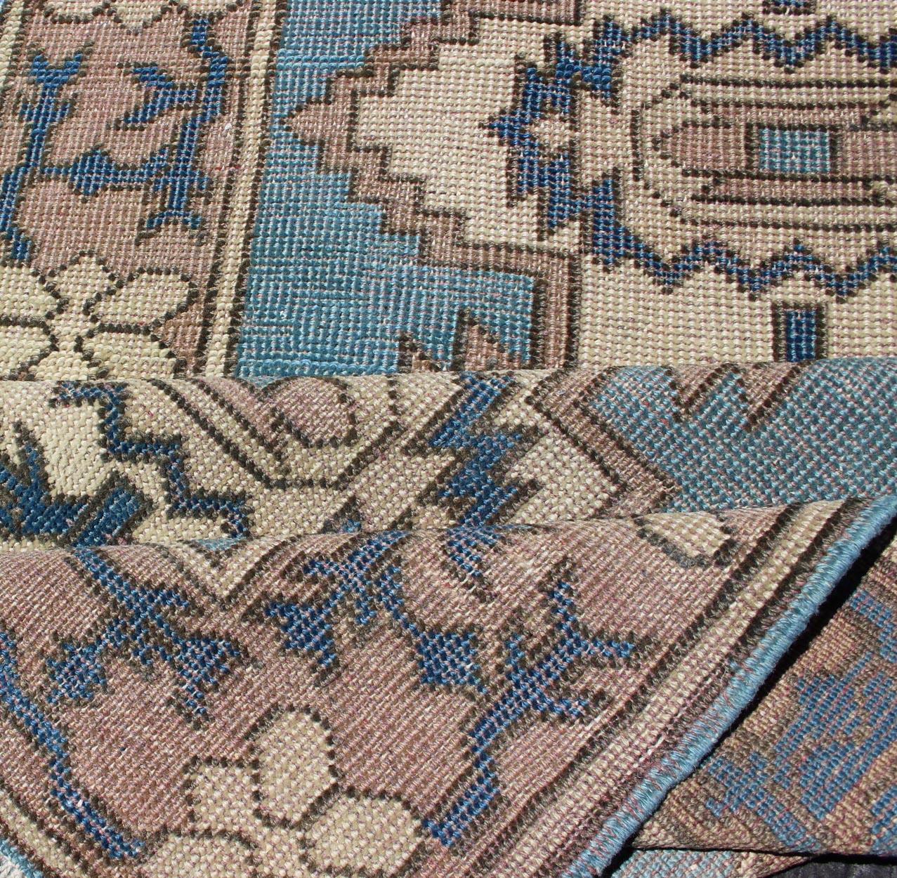 Long Vintage Turkish Runner with Geometric Design in Light Blue and Taupe In Good Condition For Sale In Atlanta, GA