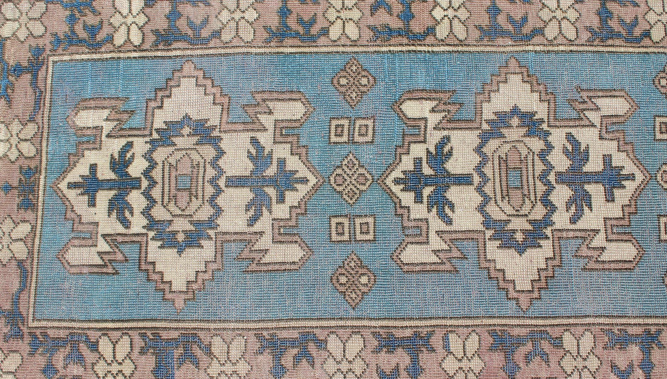 Mid-20th Century Long Vintage Turkish Runner with Geometric Design in Light Blue and Taupe For Sale