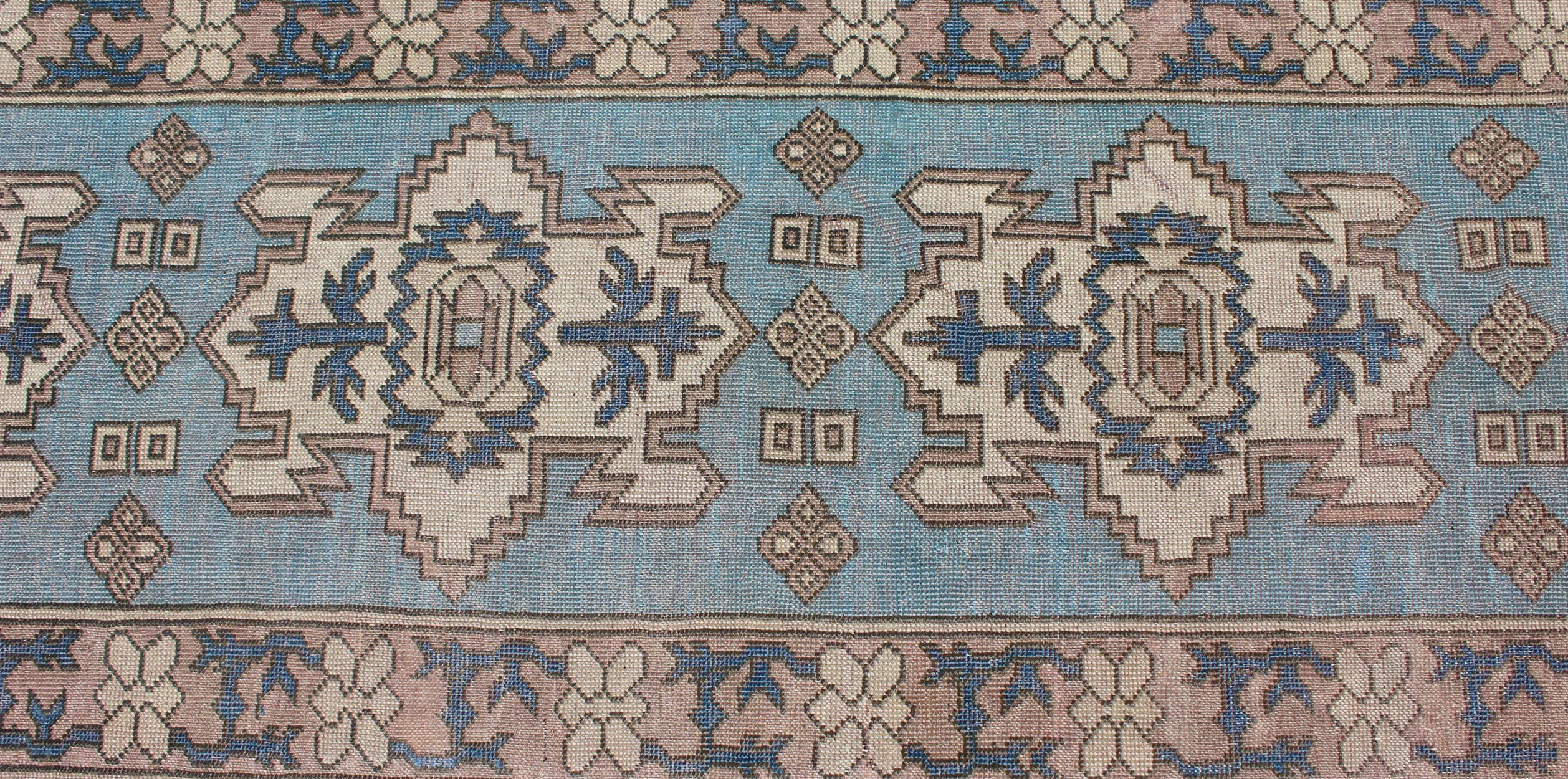 Wool Long Vintage Turkish Runner with Geometric Design in Light Blue and Taupe For Sale