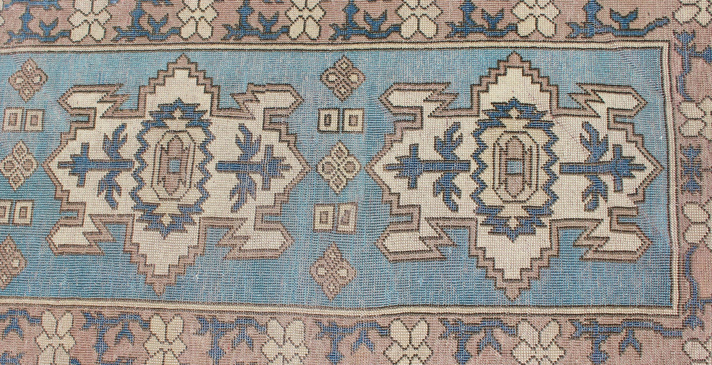 Long Vintage Turkish Runner with Geometric Design in Light Blue and Taupe For Sale 1