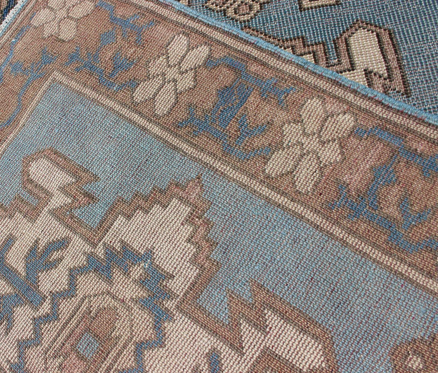 Long Vintage Turkish Runner with Geometric Design in Light Blue and Taupe For Sale 2