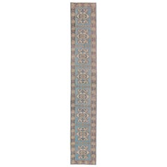 Long Vintage Turkish Runner with Geometric Design in Light Blue and Taupe