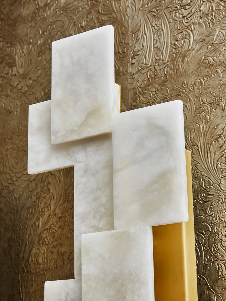 Brass Long Wall Sconces in Alabaster by Studio Glustin For Sale