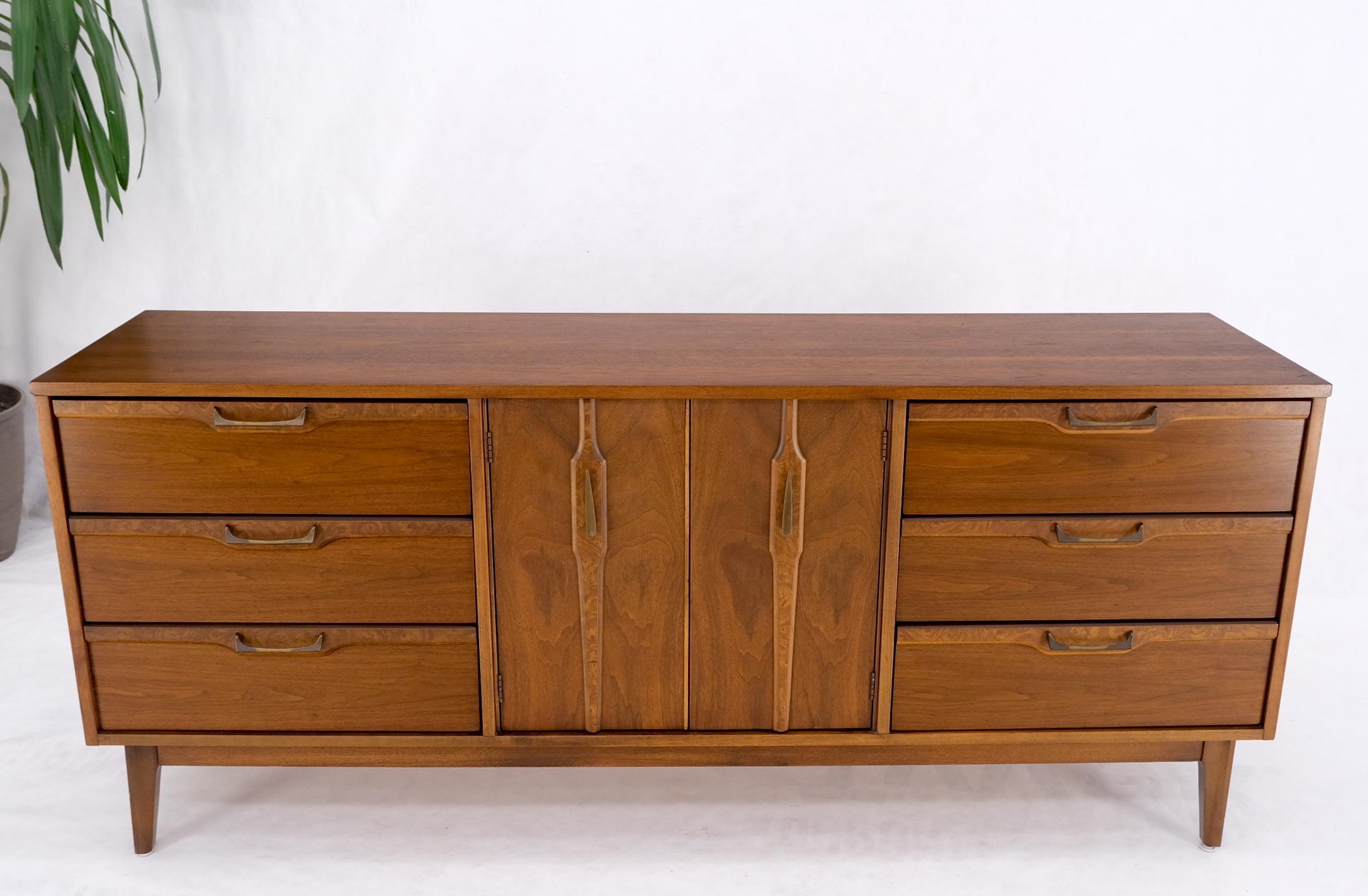 Long Walnut 9 Drawers Two Doors Mid-Century Modern Dresser Credenza Burl Accents For Sale 1