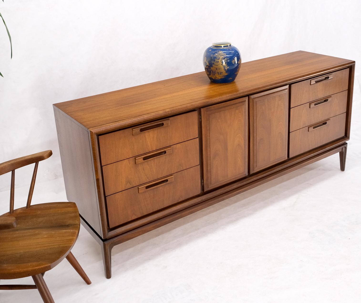 Lacquered Long Walnut Mid-Century Modern 9 Drawers Credenza Dresser Double Door Cabinet For Sale
