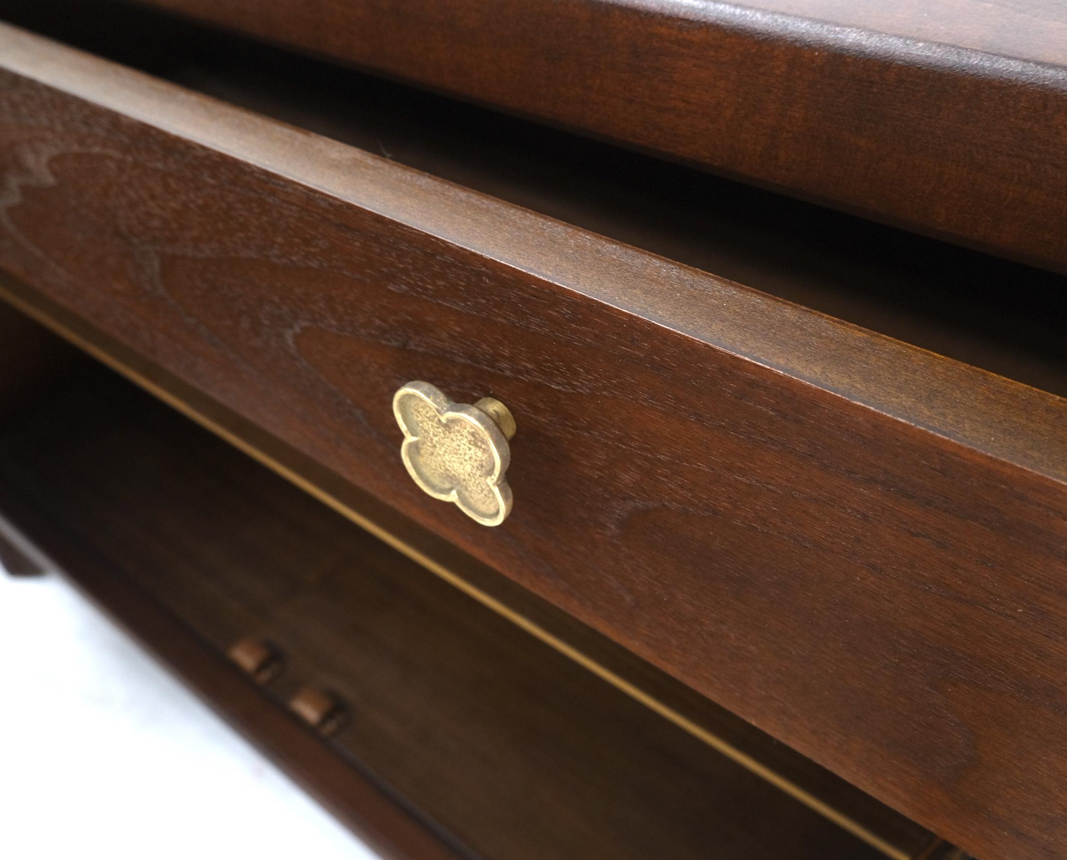 Long Walnut Mid-Century Modern Dresser Credenza w/ Brass Buckle Shape Pulls For Sale 5