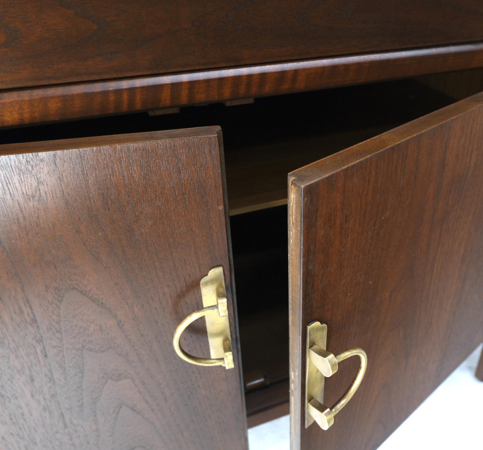 Long Walnut Mid-Century Modern Dresser Credenza w/ Brass Buckle Shape Pulls For Sale 7