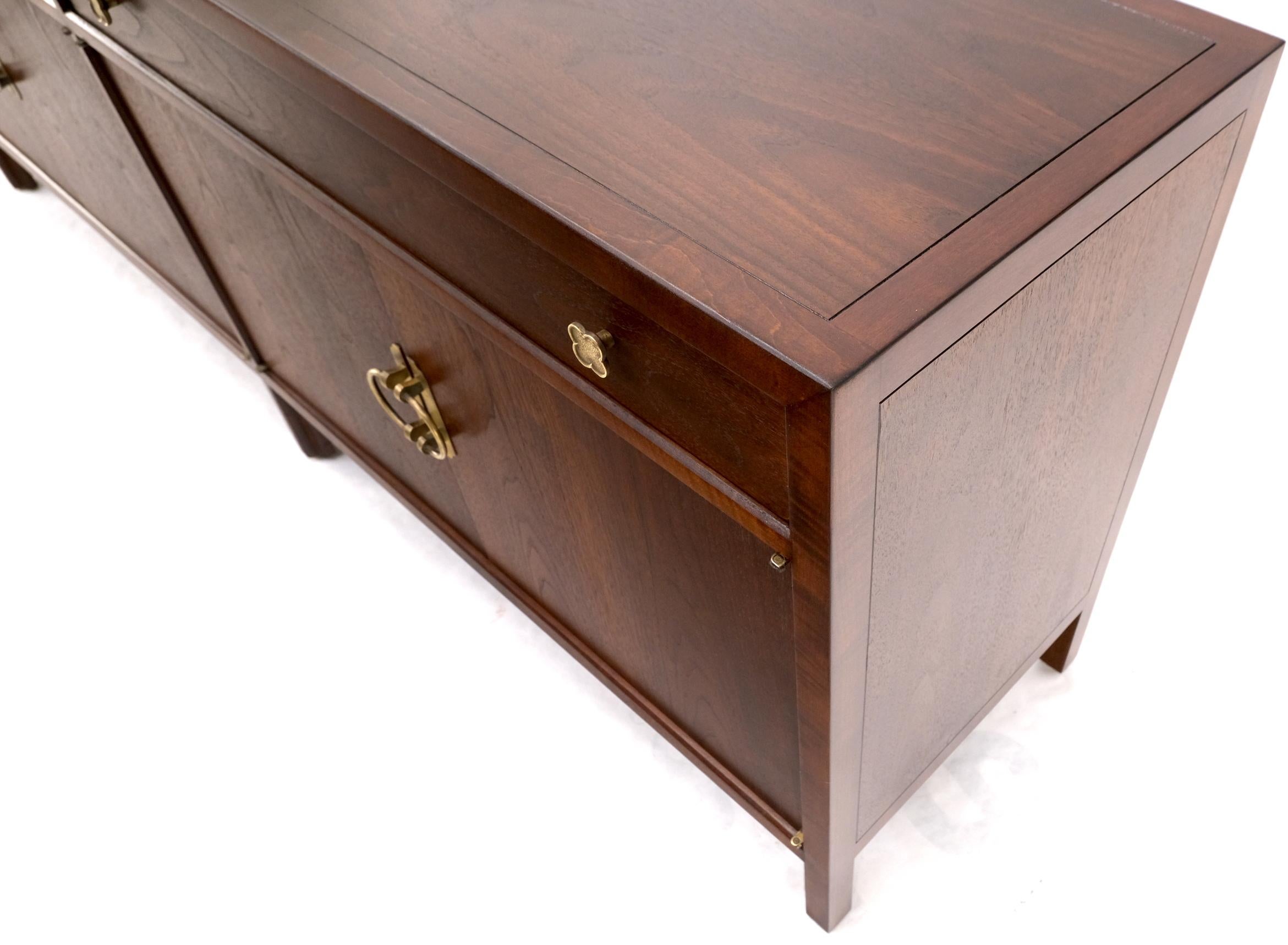 Long Walnut Mid-Century Modern Dresser Credenza w/ Brass Buckle Shape Pulls For Sale 9