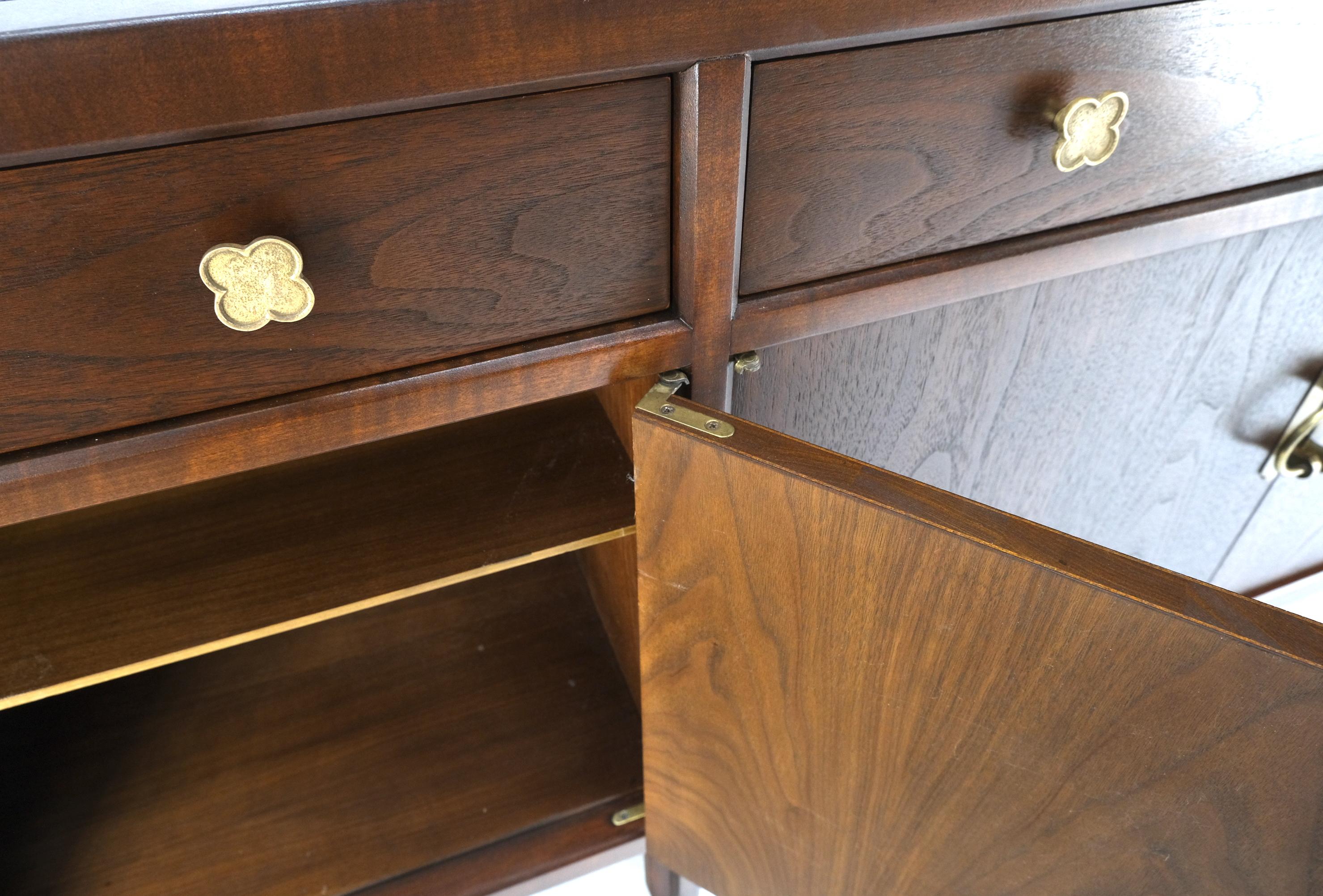 Long Walnut Mid-Century Modern Dresser Credenza w/ Brass Buckle Shape Pulls 10