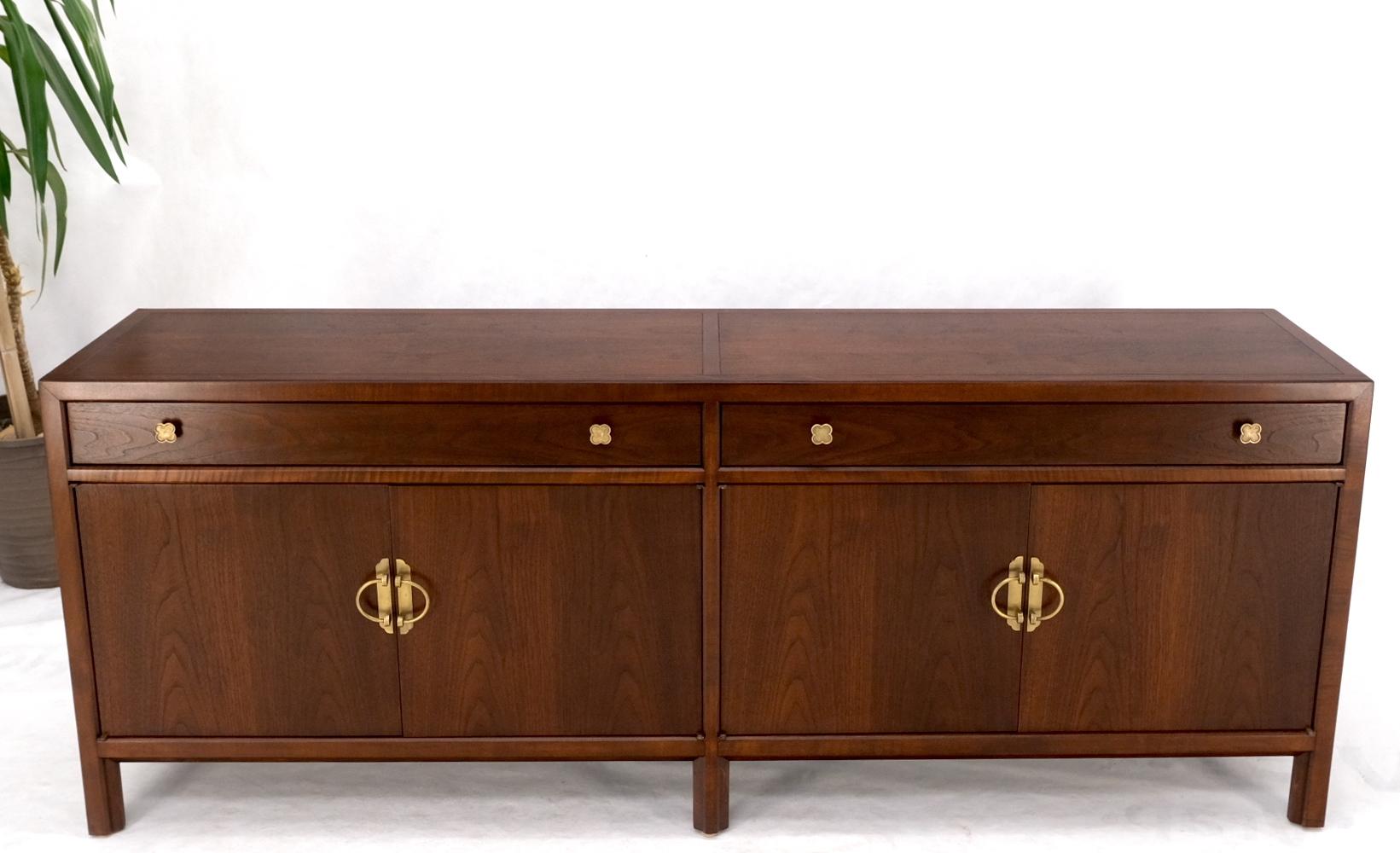 American Long Walnut Mid-Century Modern Dresser Credenza w/ Brass Buckle Shape Pulls