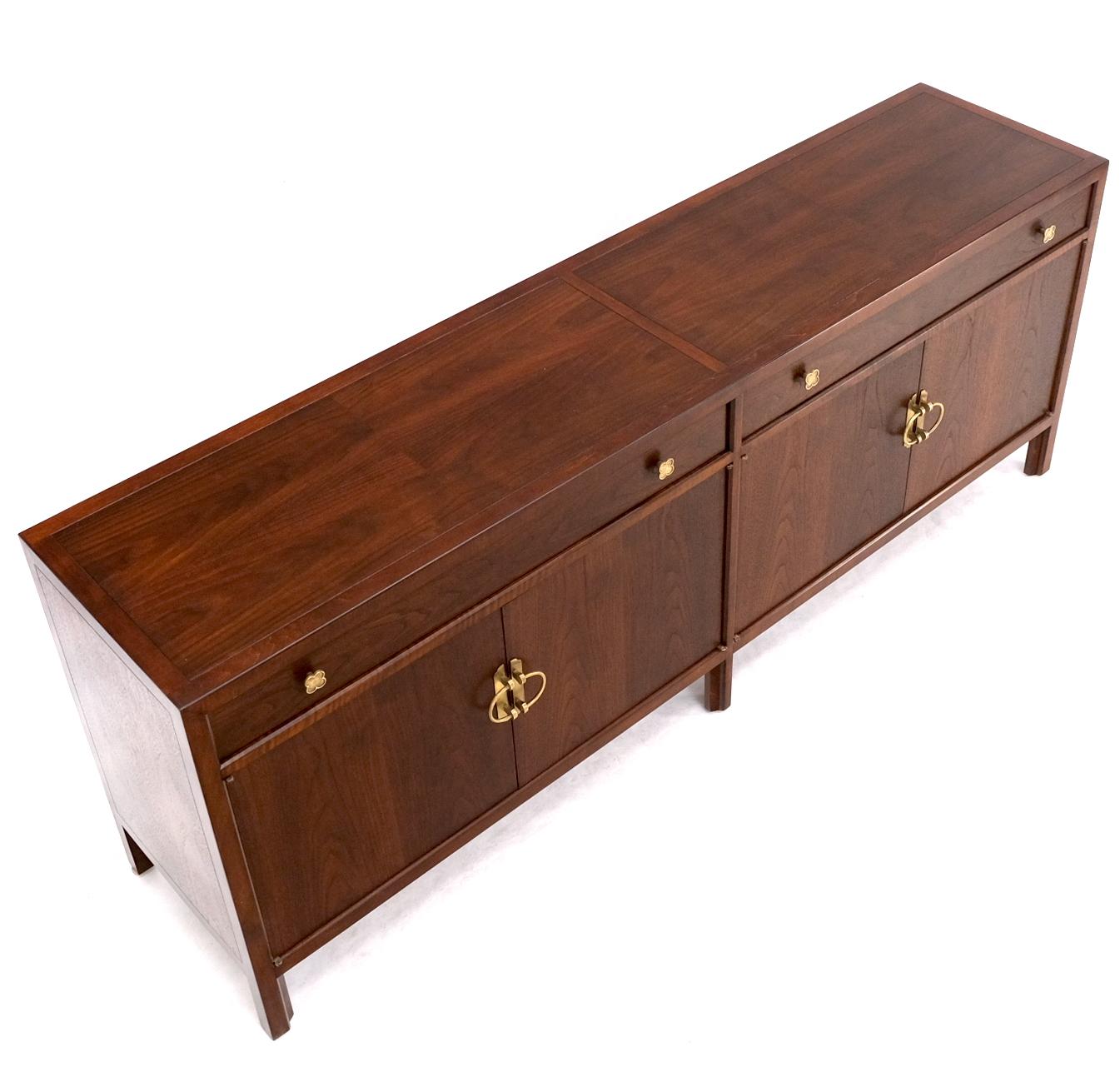 20th Century Long Walnut Mid-Century Modern Dresser Credenza w/ Brass Buckle Shape Pulls For Sale