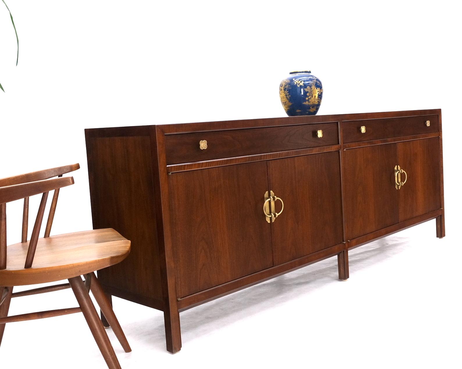 Long Walnut Mid-Century Modern Dresser Credenza w/ Brass Buckle Shape Pulls 1