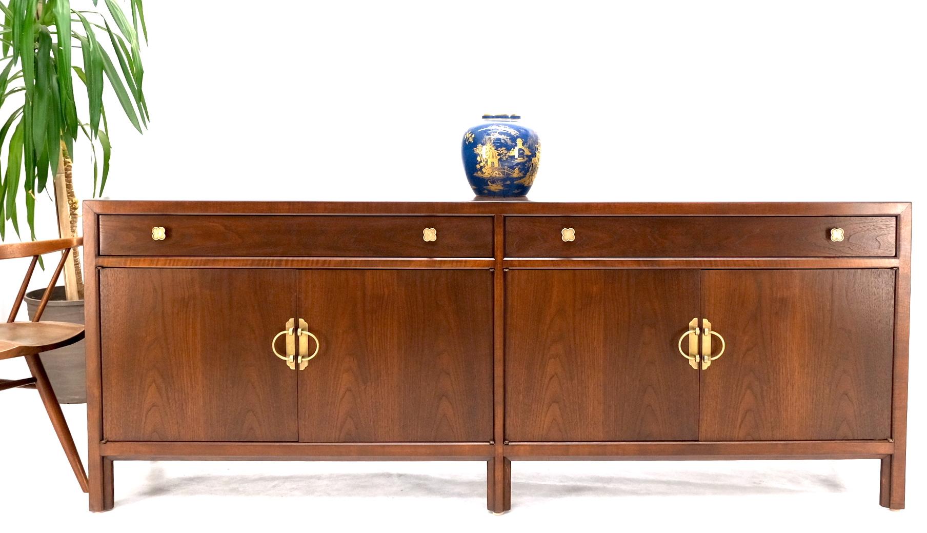 Long Walnut Mid-Century Modern Dresser Credenza w/ Brass Buckle Shape Pulls For Sale 2