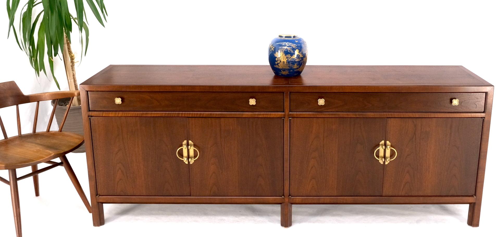 Long Walnut Mid-Century Modern Dresser Credenza w/ Brass Buckle Shape Pulls For Sale 3