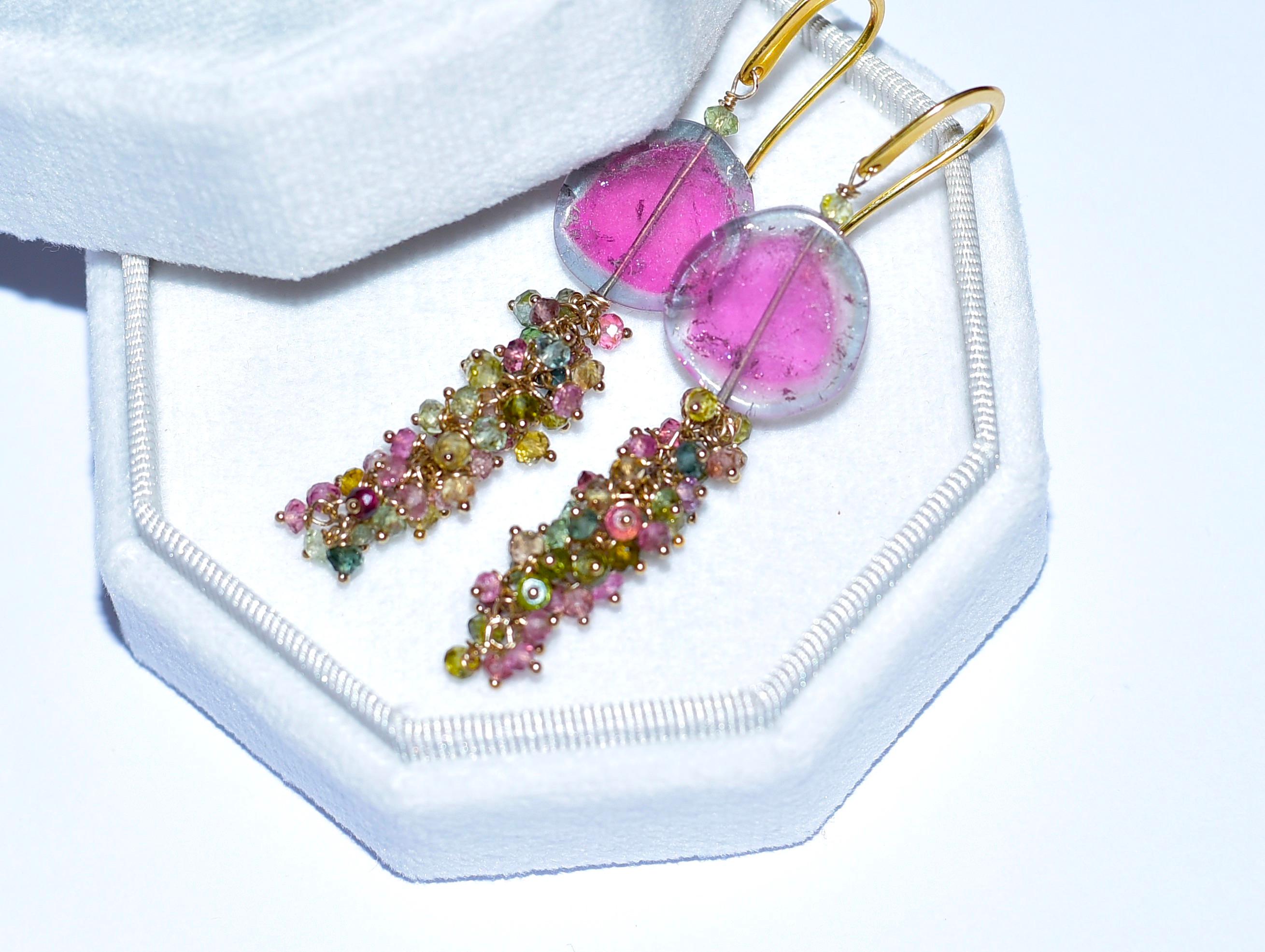 Long Watermelon Tourmaline Earrings in 14K Solid Yellow Gold In New Condition In Astoria, NY