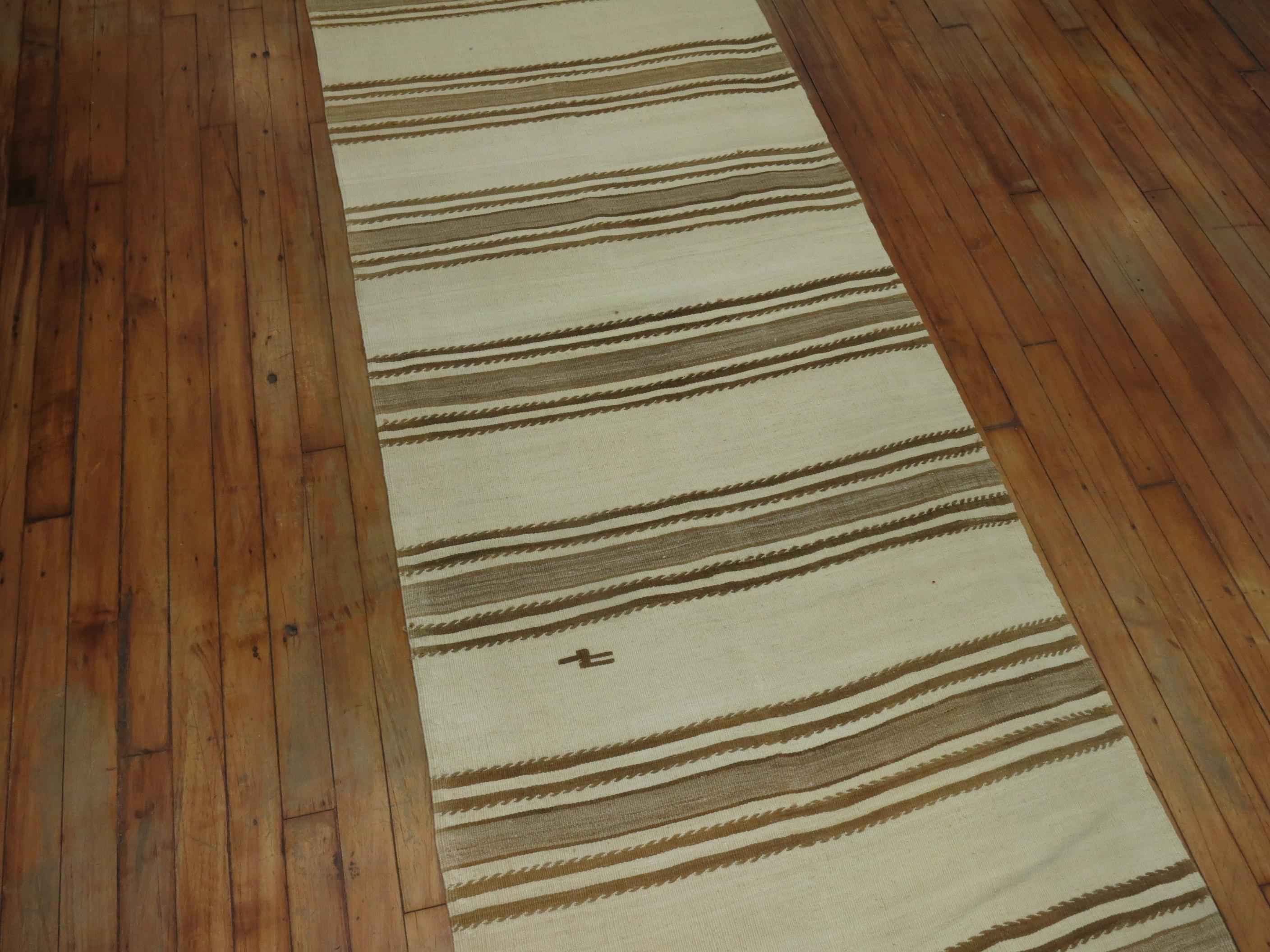 Hand-Knotted Long White and Brown Vintage Kilim Runner