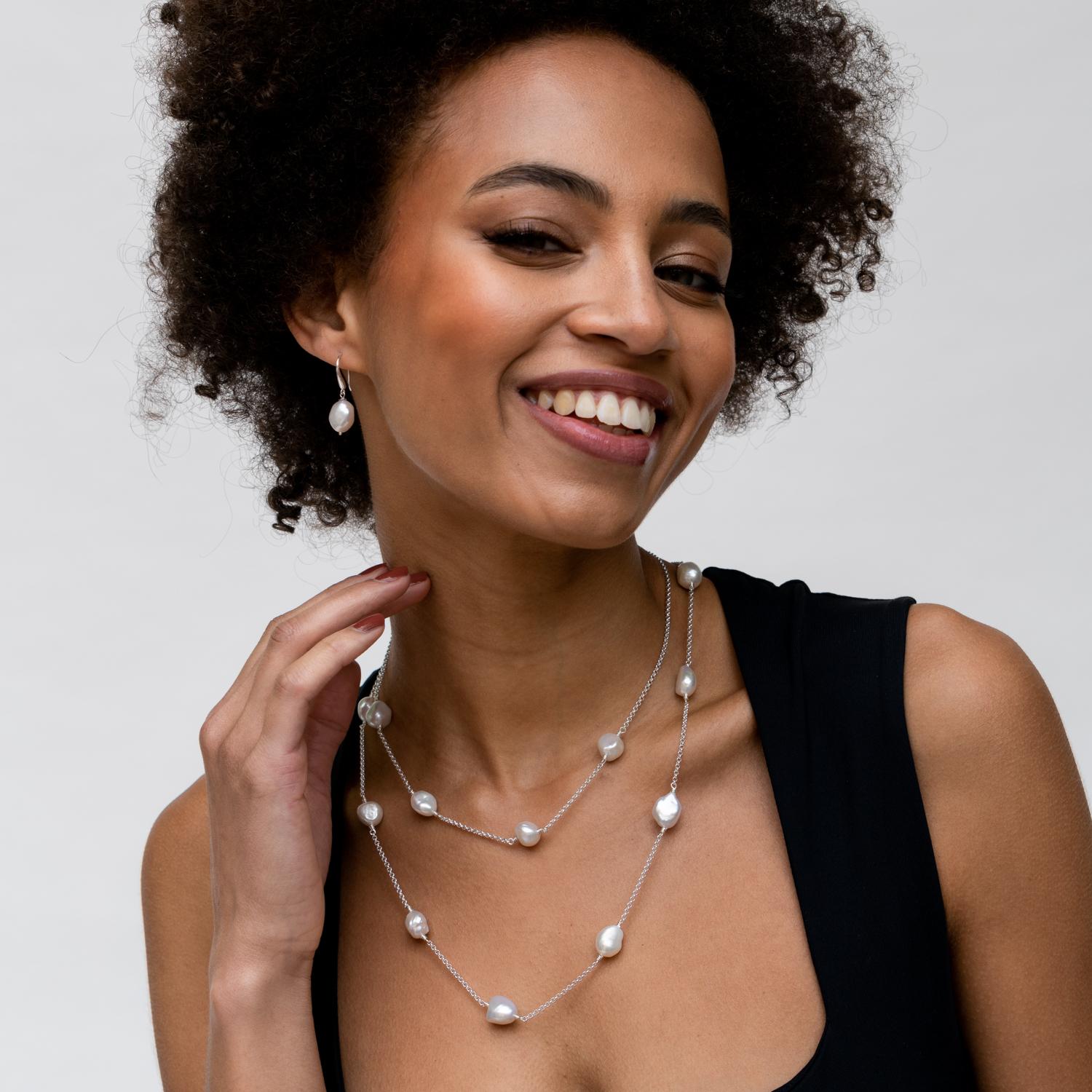 Contemporary Long White Baroque Pearl Chain Necklace In Sterling Silver For Sale