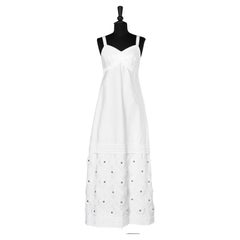 Retro Long white cotton dress white withe daisy appliqué  Circa 1970