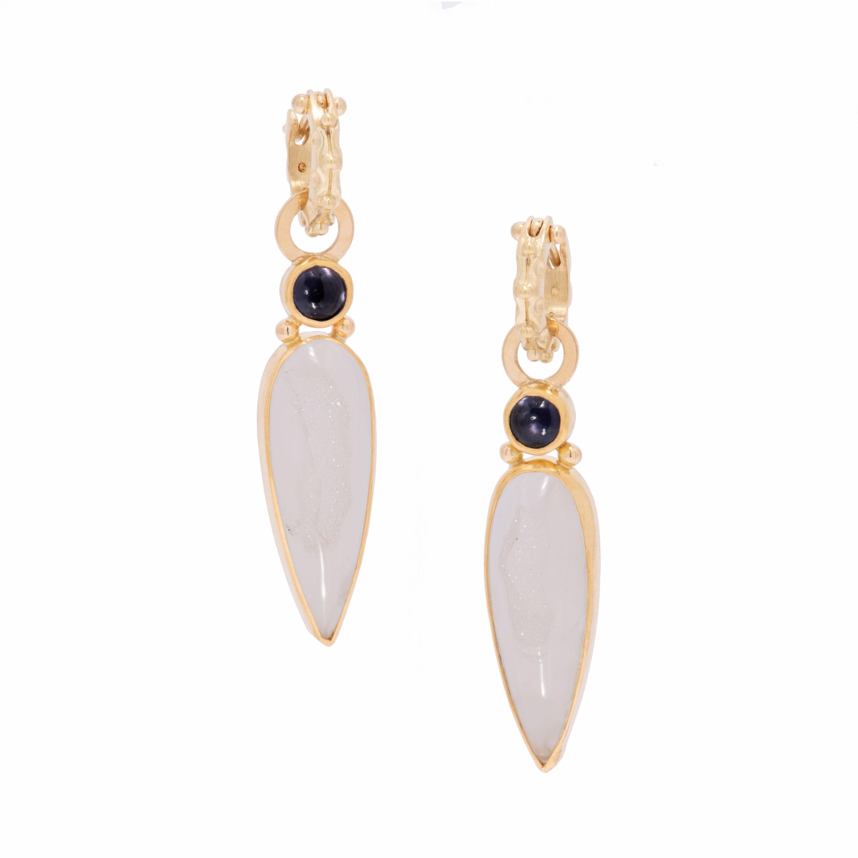 Long White Druzy Teardrop Earrings glitter below purple/blue iolite cabochons and command notice. Set in 18 karat gold with our signature satin finish, the centers of teardrop white agate are scarred to reveal the sandy, glittering druzy beneath.