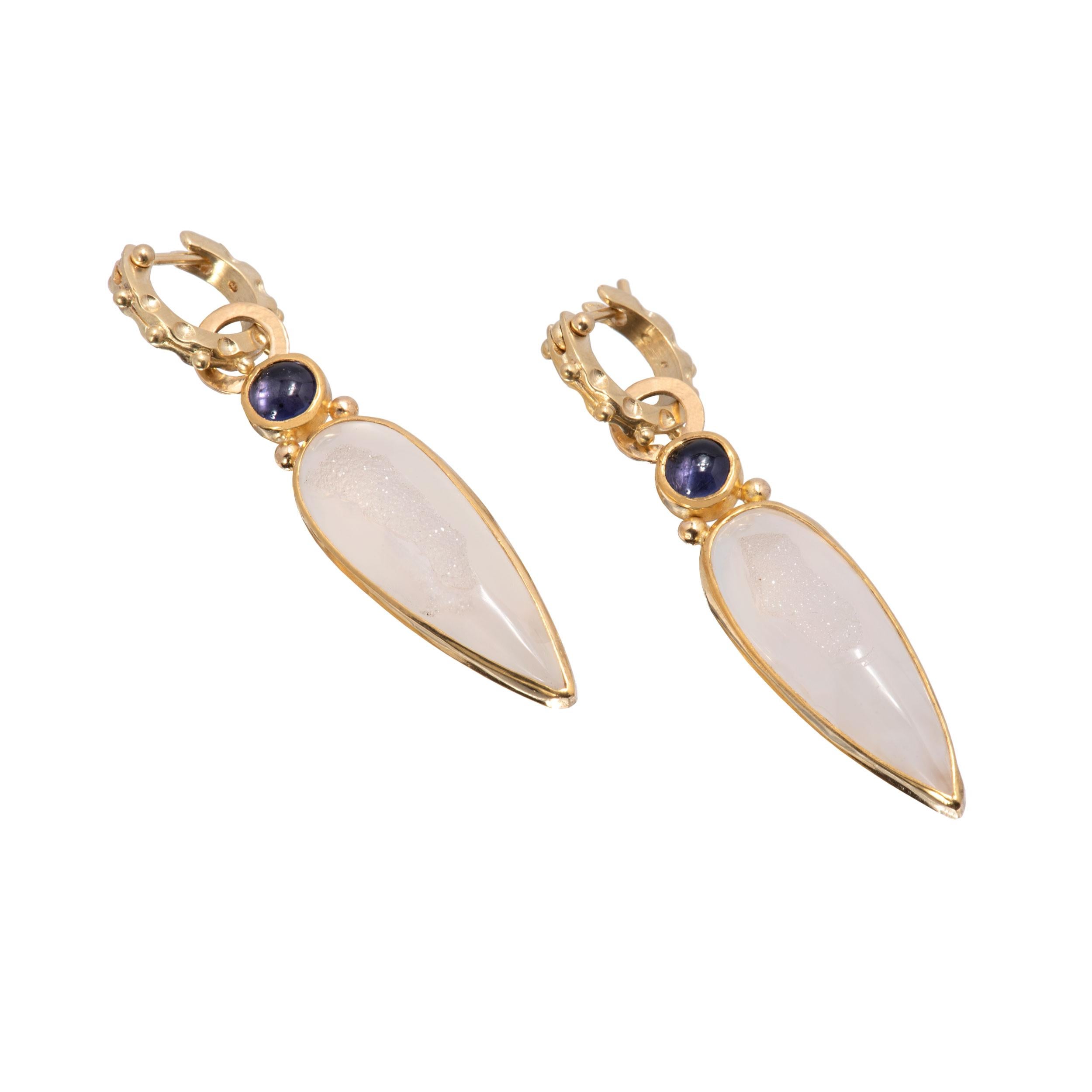 Contemporary Long White Druzy Teardrop Earrings in 18 Karat Gold with Iolite Cabochons