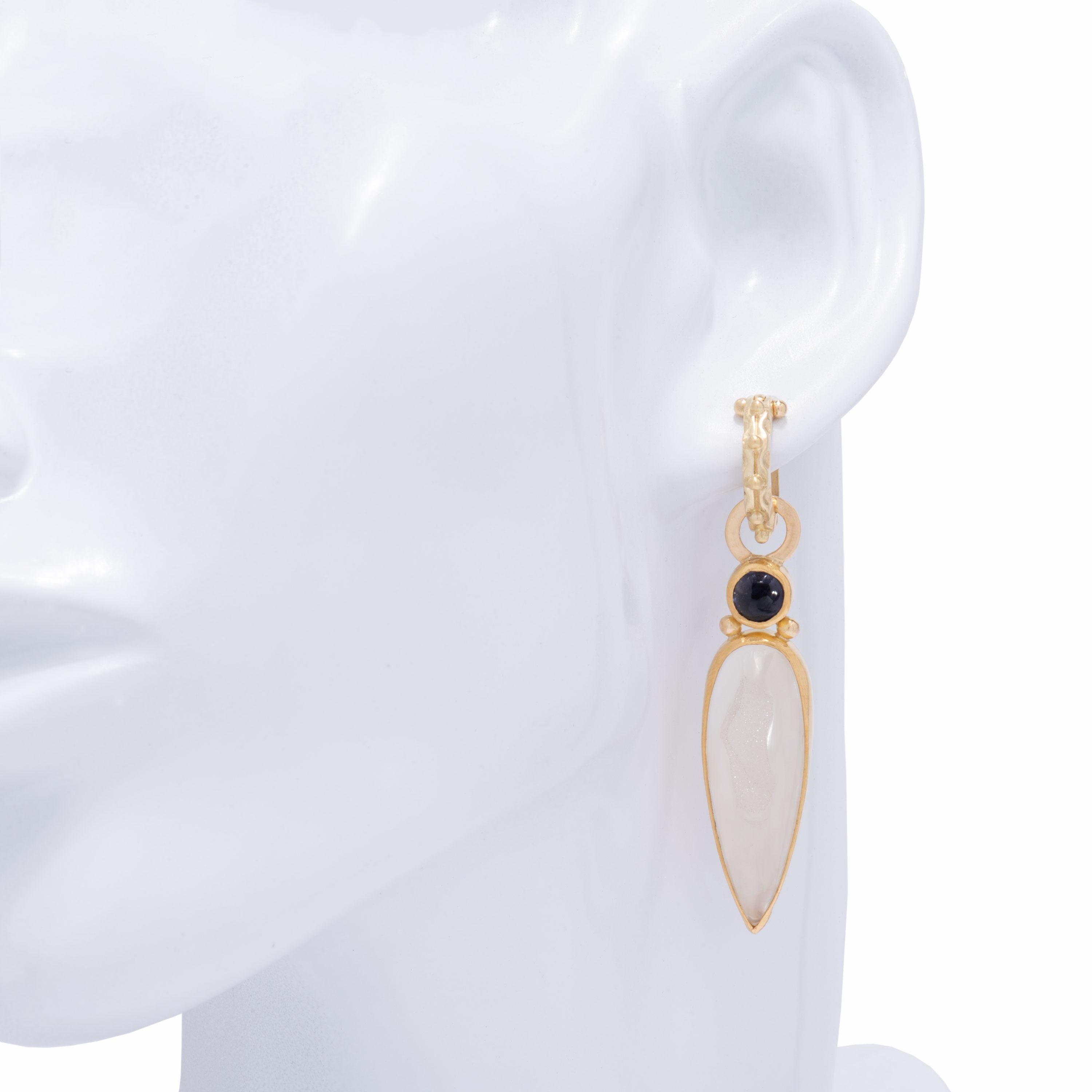 Long White Druzy Teardrop Earrings in 18 Karat Gold with Iolite Cabochons In New Condition In Santa Fe, NM