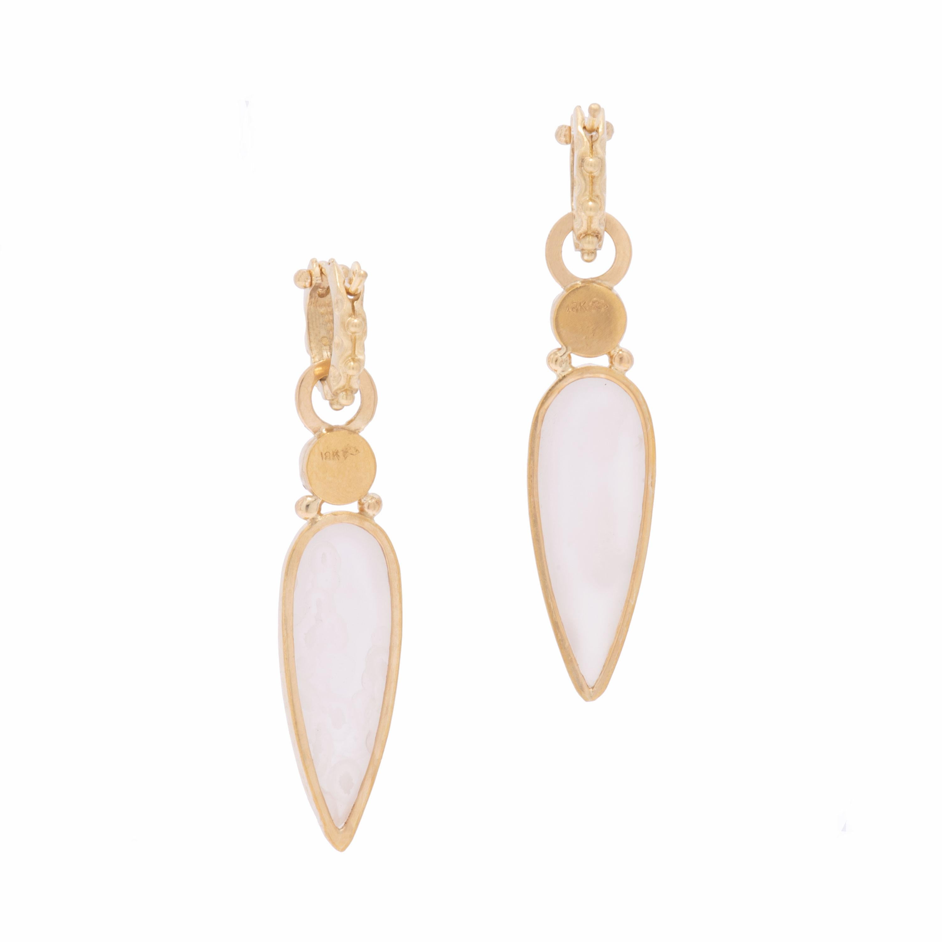 Women's or Men's Long White Druzy Teardrop Earrings in 18 Karat Gold with Iolite Cabochons