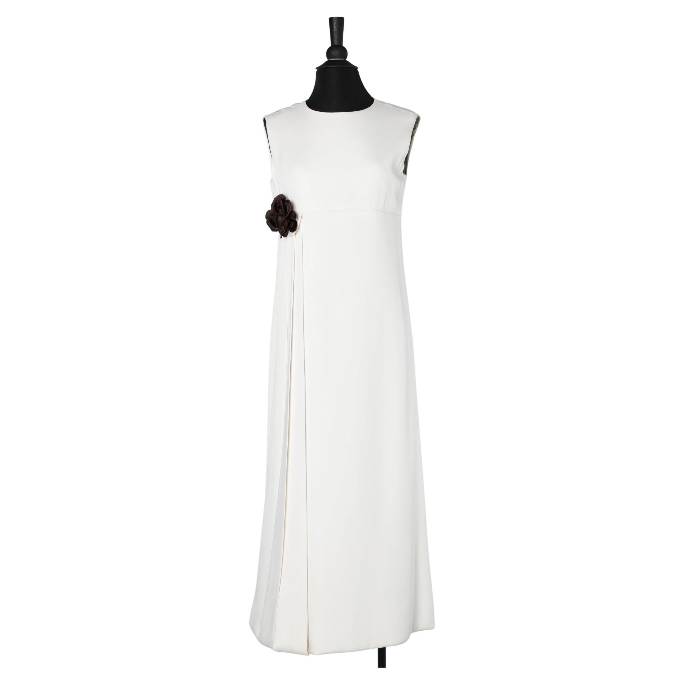 Long white evening dress with brown flower brooch Pierre Cardin Paris New-York  For Sale