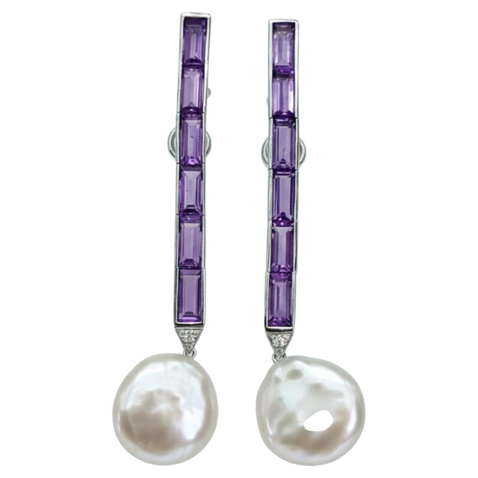 Long White Gold Amethyst Baguette and Australian Pearl Drop Earrings, Diamond For Sale