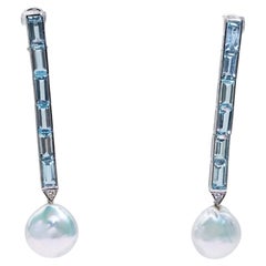Long White Gold Blue Topaz and Diamond Drop Earrings with Coin Pearls