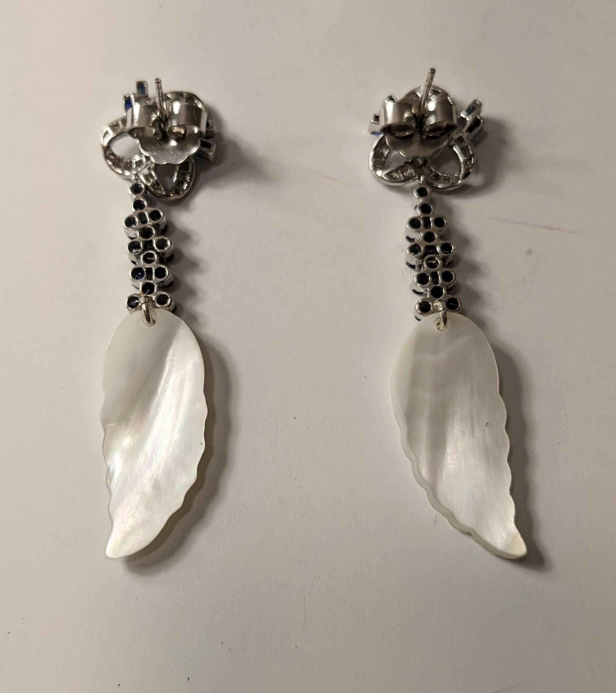 Long White Gold Earrings with Diamonds and Sapphires and Mother of Pearl Feather For Sale 1