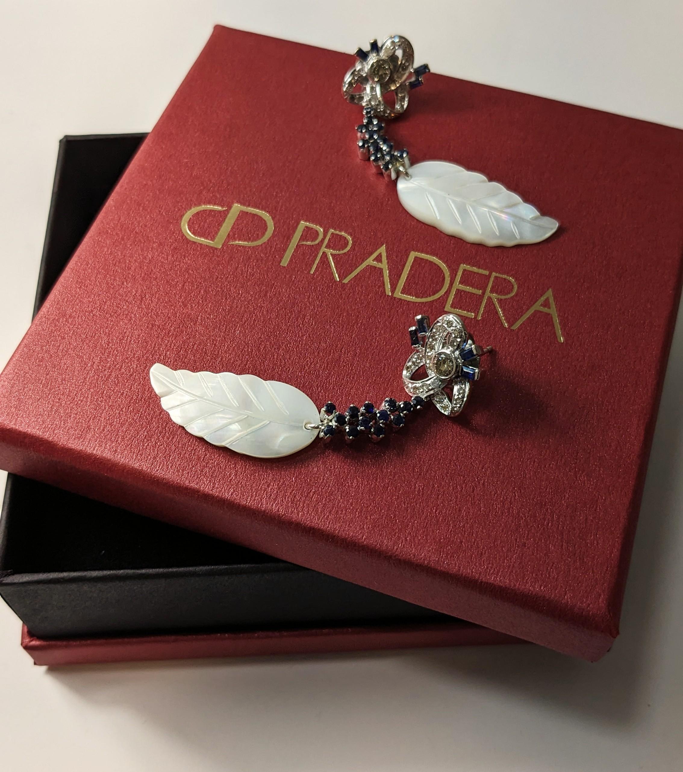 Long White Gold Earrings with Diamonds and Sapphires and Mother of Pearl Feather For Sale 2