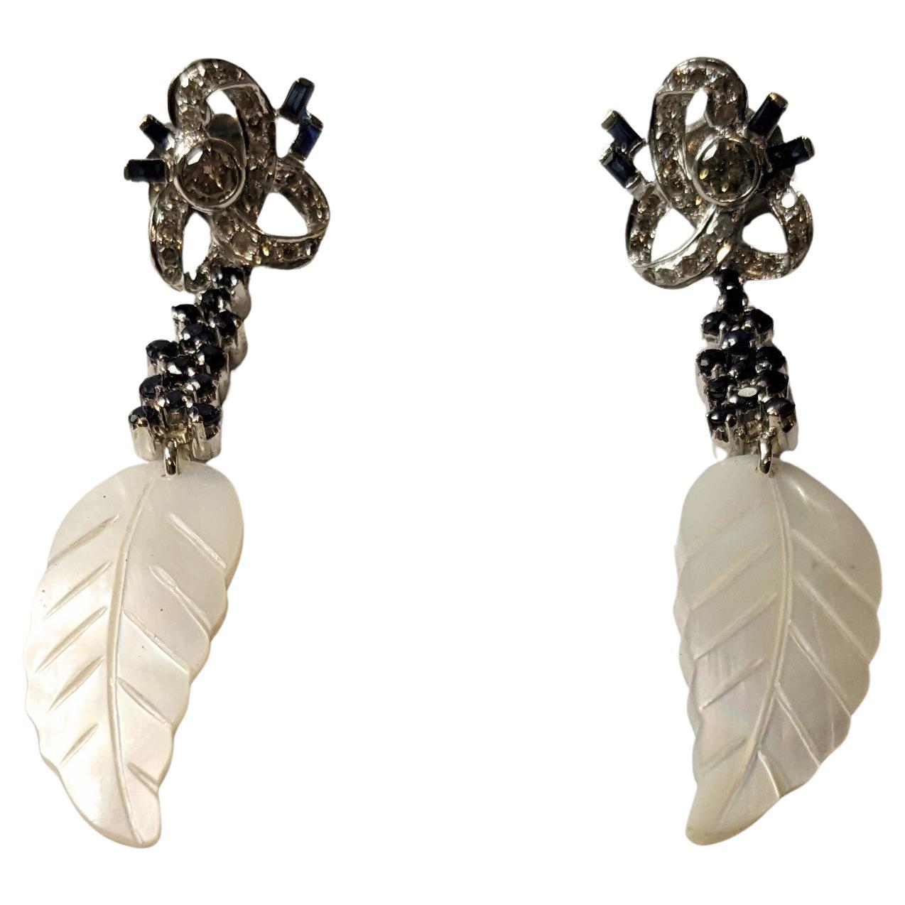 Brilliant Cut Long White Gold Earrings with Diamonds and Sapphires and Mother of Pearl Feather For Sale