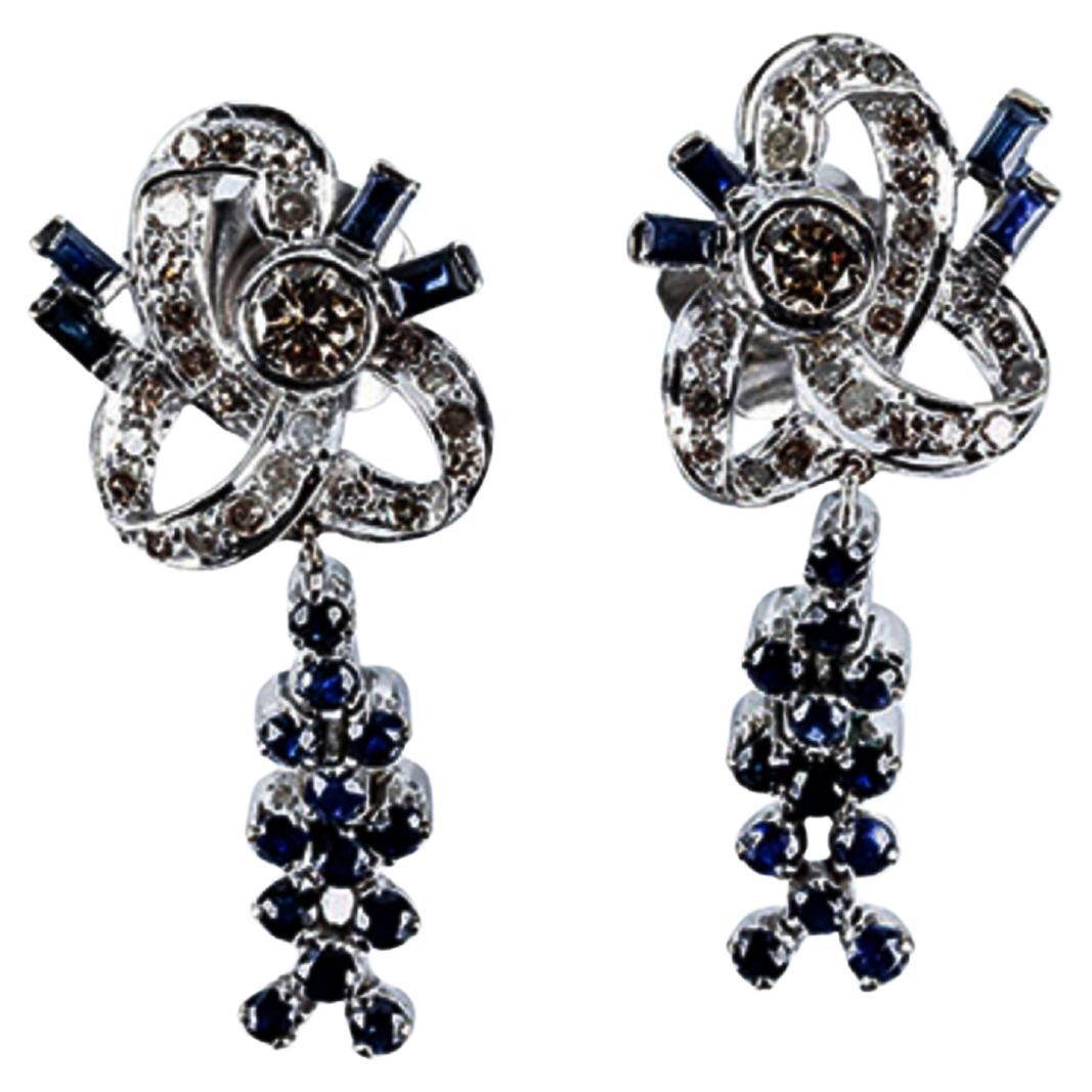 Long White Gold Earrings with Diamonds and Sapphires For Sale