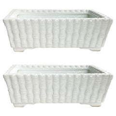 Long White Hollywood Regency Glazed Ceramic Faux Bamboo Planters, a Pair