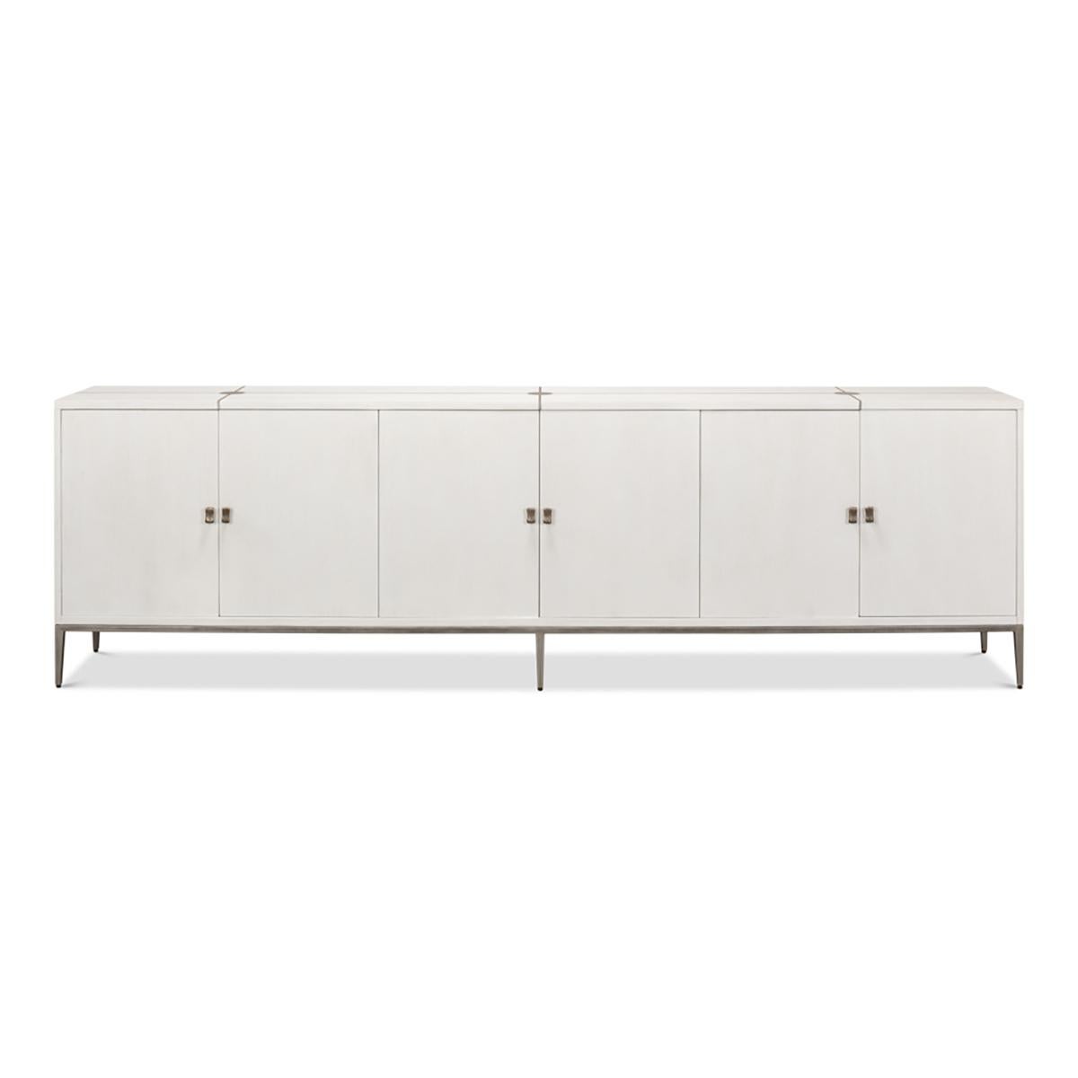 Precision-crafted, this exquisite piece boasts Oak veneers in a pristine white finish, complemented by textured gunmetal iron inlays in both circular and linear designs.

This credenza's proportions are meticulously designed for modern aesthetics,