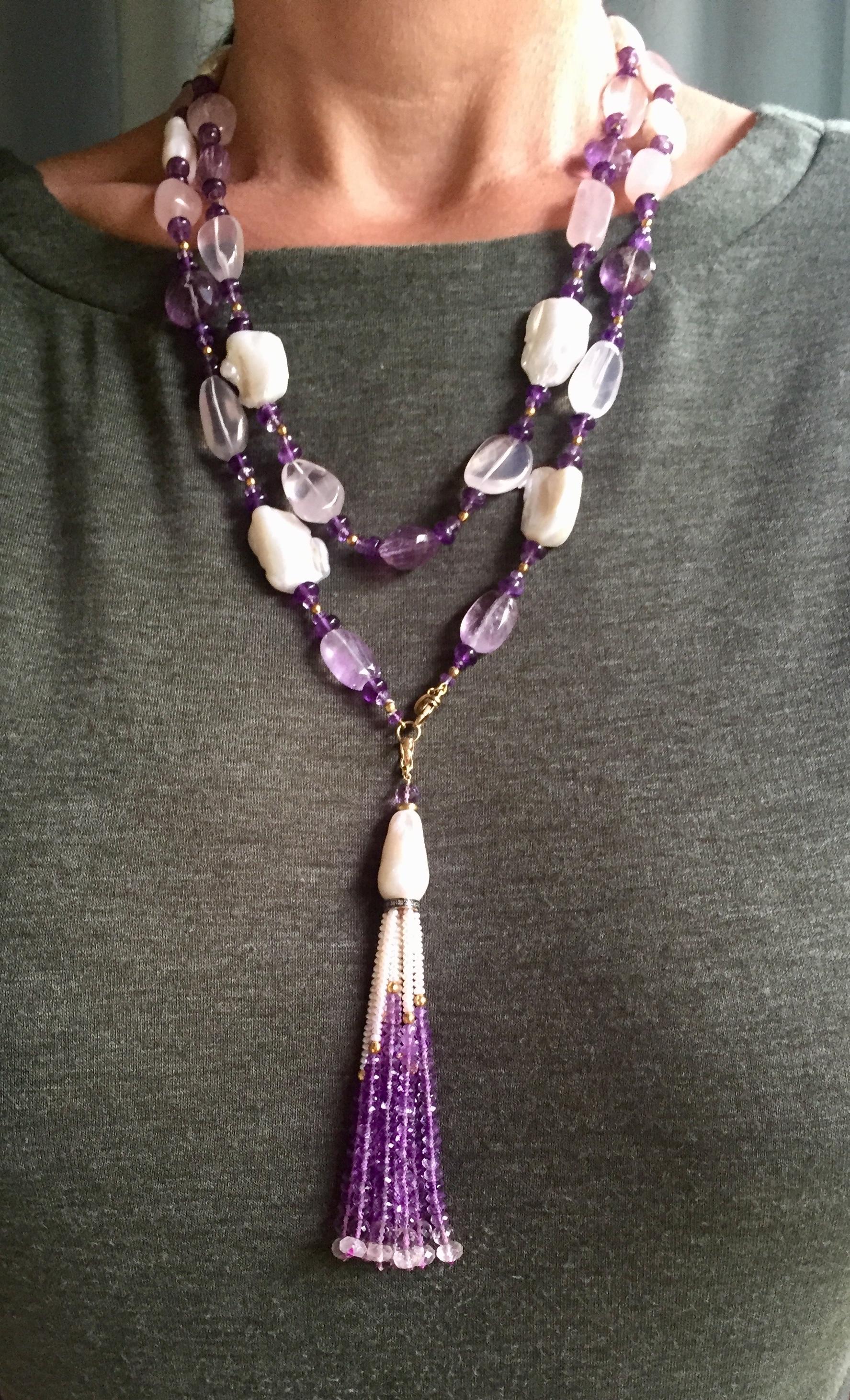 Marina J Long Pearl and Amethyst Sautoir Necklace with Tassel and Yellow Gold 7
