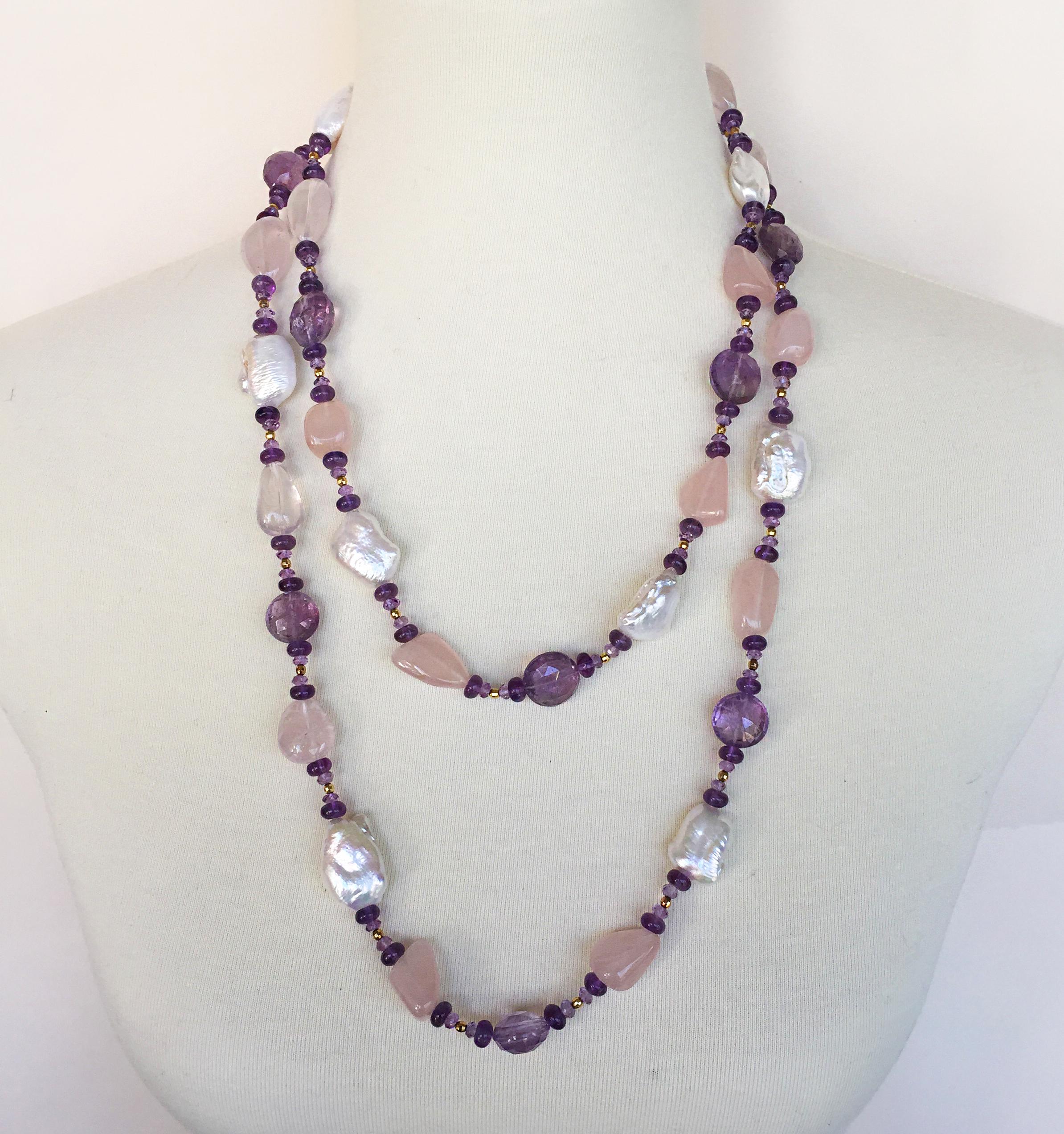 Artist Marina J Long Pearl and Amethyst Sautoir Necklace with Tassel and Yellow Gold