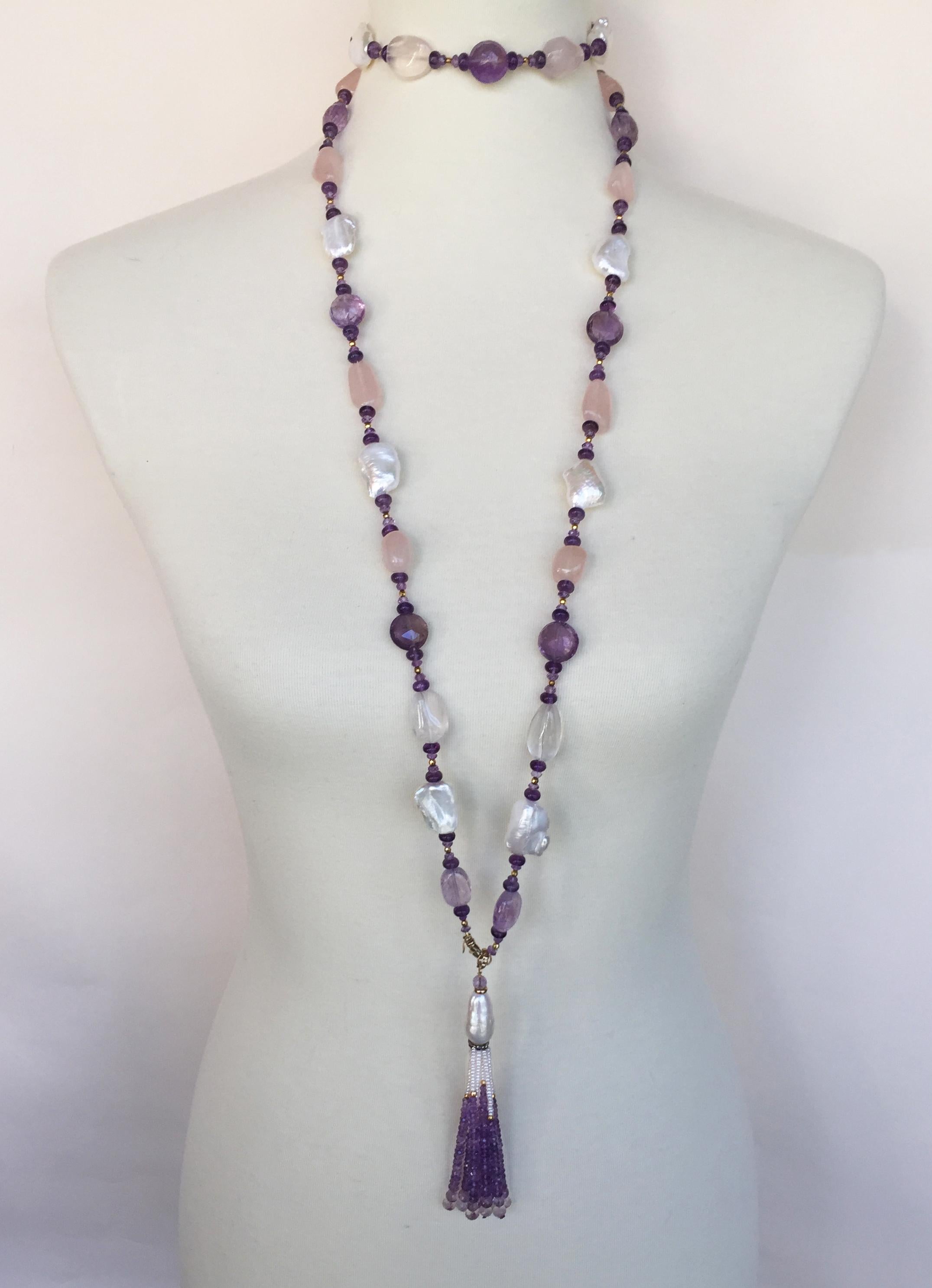 Women's Marina J Long Pearl and Amethyst Sautoir Necklace with Tassel and Yellow Gold