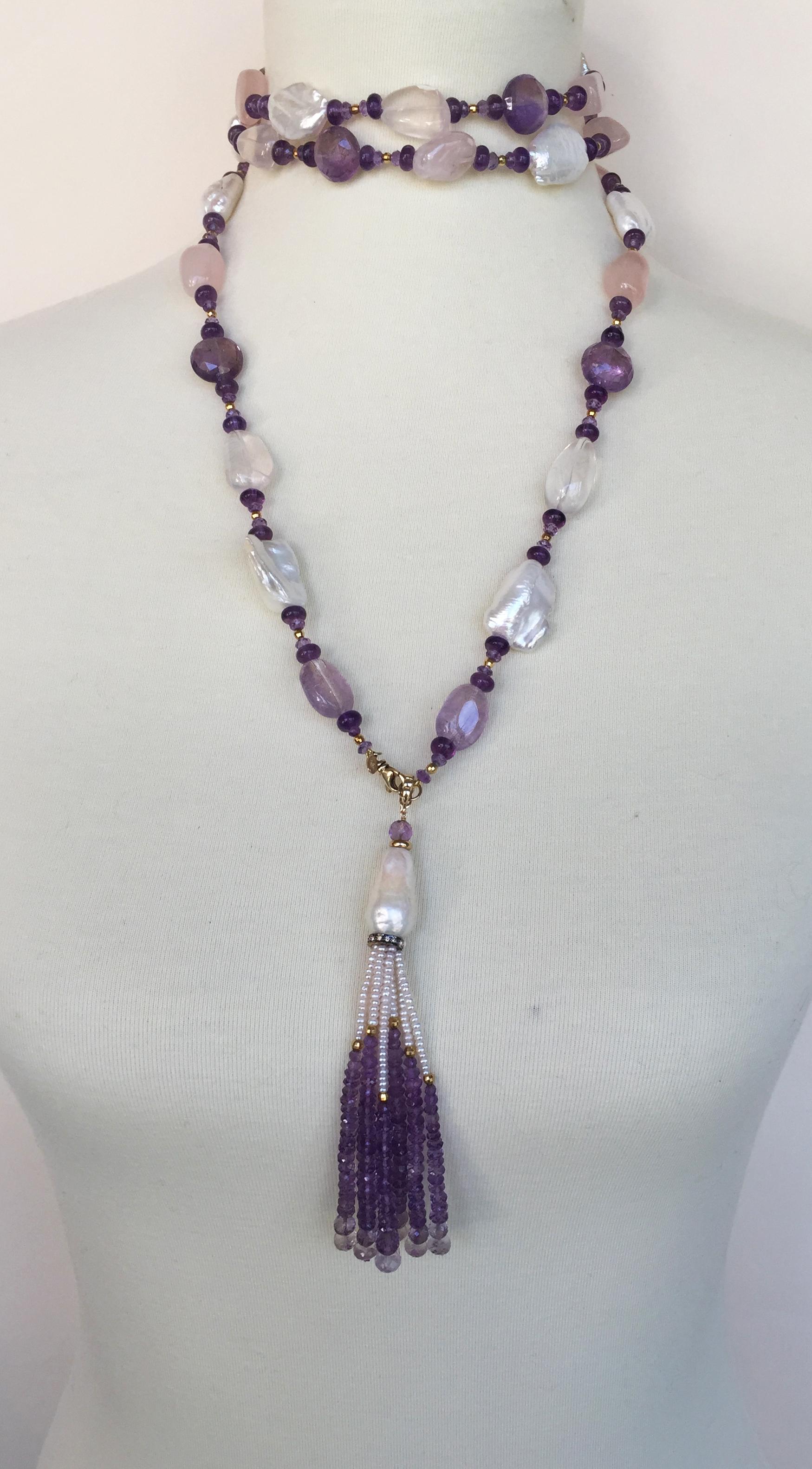 Marina J Long Pearl and Amethyst Sautoir Necklace with Tassel and Yellow Gold 1