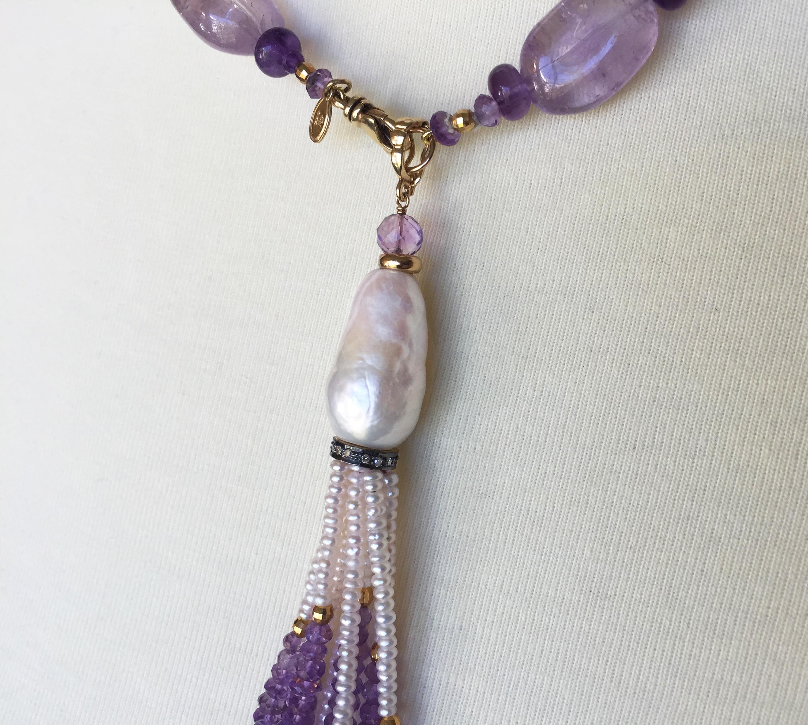 Marina J Long Pearl and Amethyst Sautoir Necklace with Tassel and Yellow Gold 3