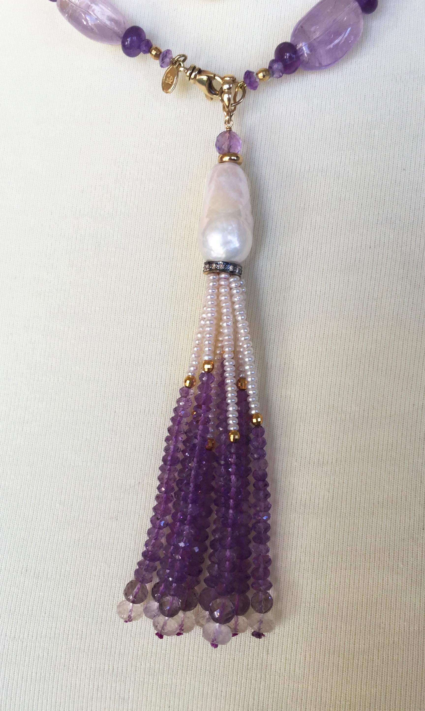 Marina J Long Pearl and Amethyst Sautoir Necklace with Tassel and Yellow Gold 4