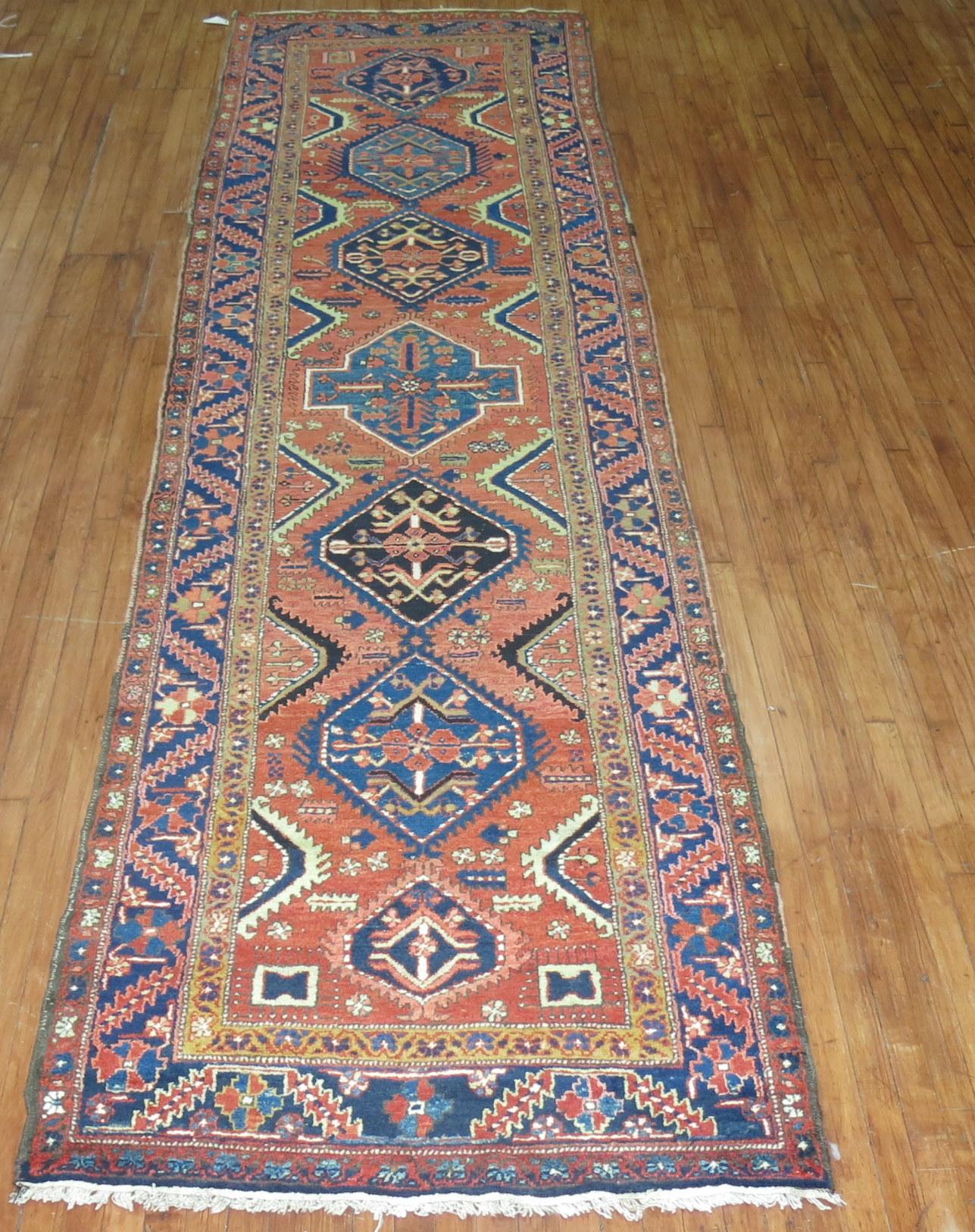 Wool Zabihi Collection Long Wide Persian Heriz Geometric Runner For Sale