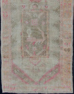Turkish Oushak Gallery Runner with Soft Sage Green, Rosewood Pink, Soft Taupe