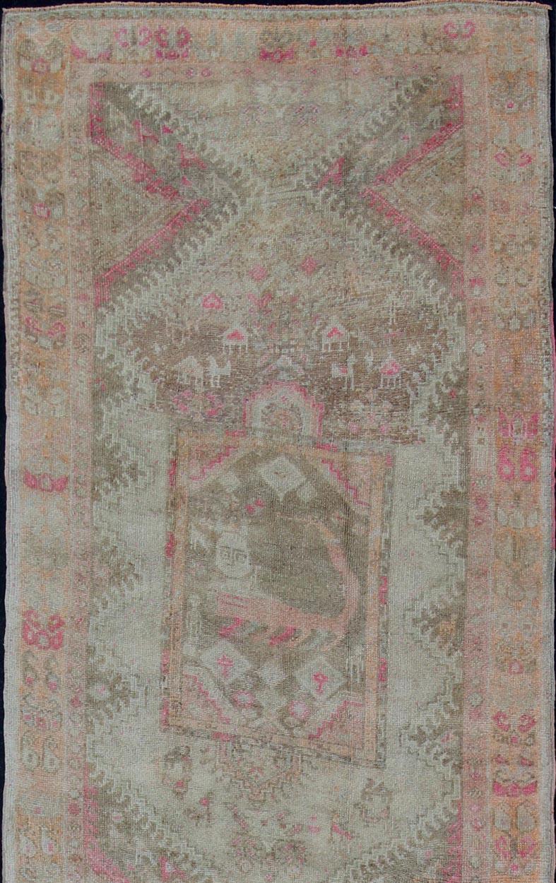 Turkish Long & Wide Runner with Medallion Design in Green, Purple, Gray, Orange & Nude For Sale