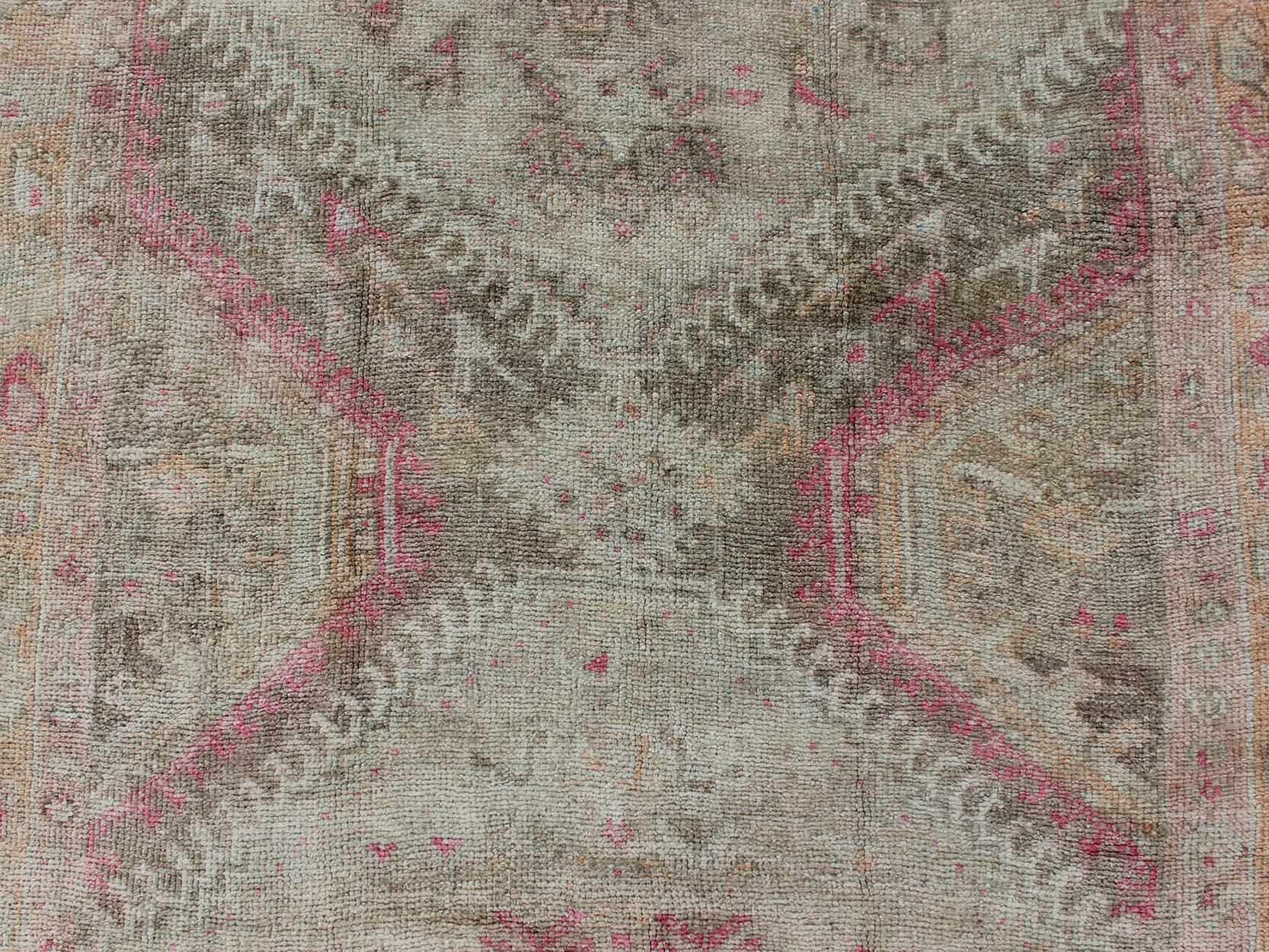 Wool Turkish Oushak Gallery Runner with Soft Sage Green, Rosewood Pink, Soft Taupe For Sale